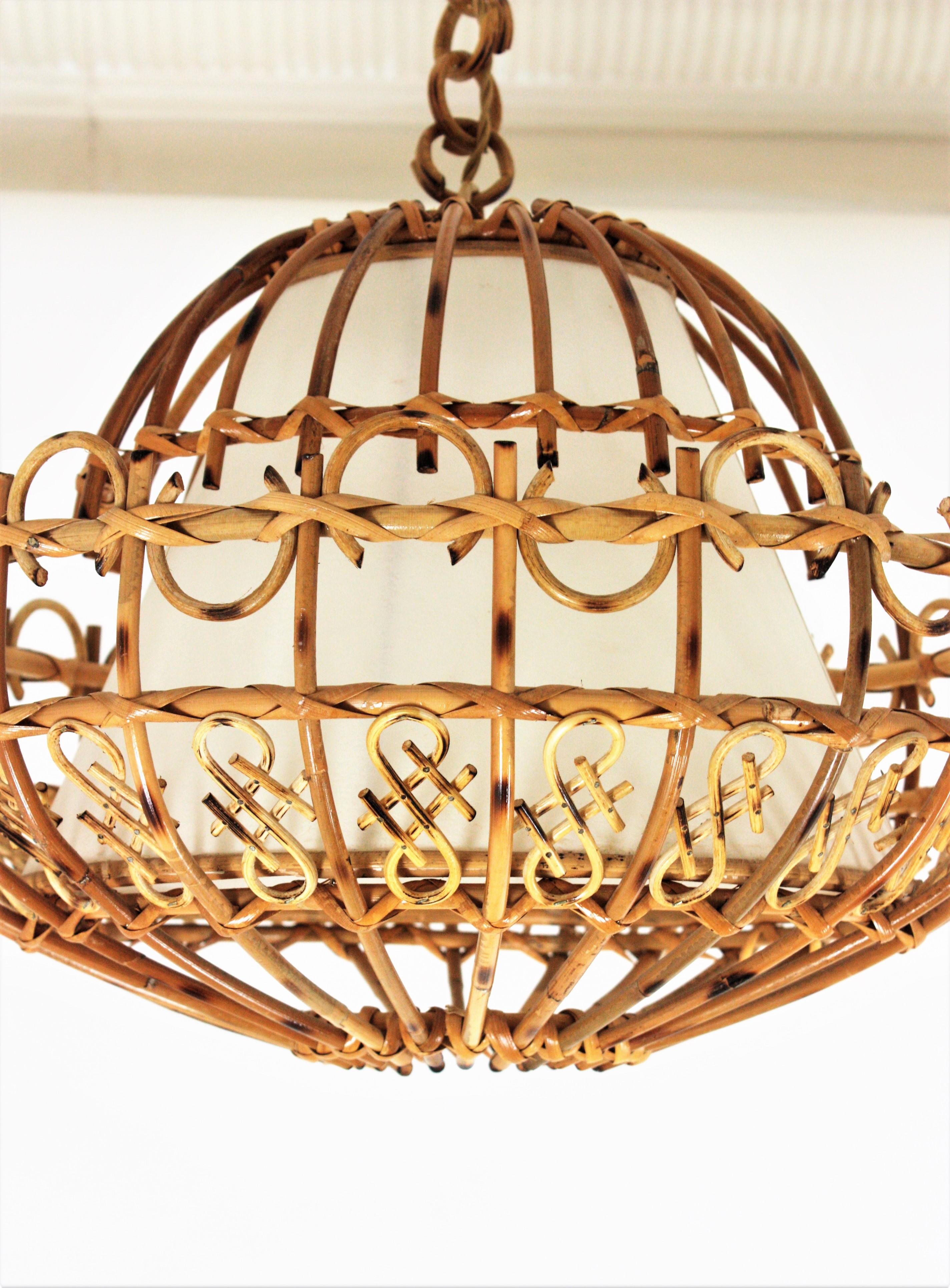 Rattan Large Pendant Hanging Light / Lantern, 1960s In Good Condition In Barcelona, ES