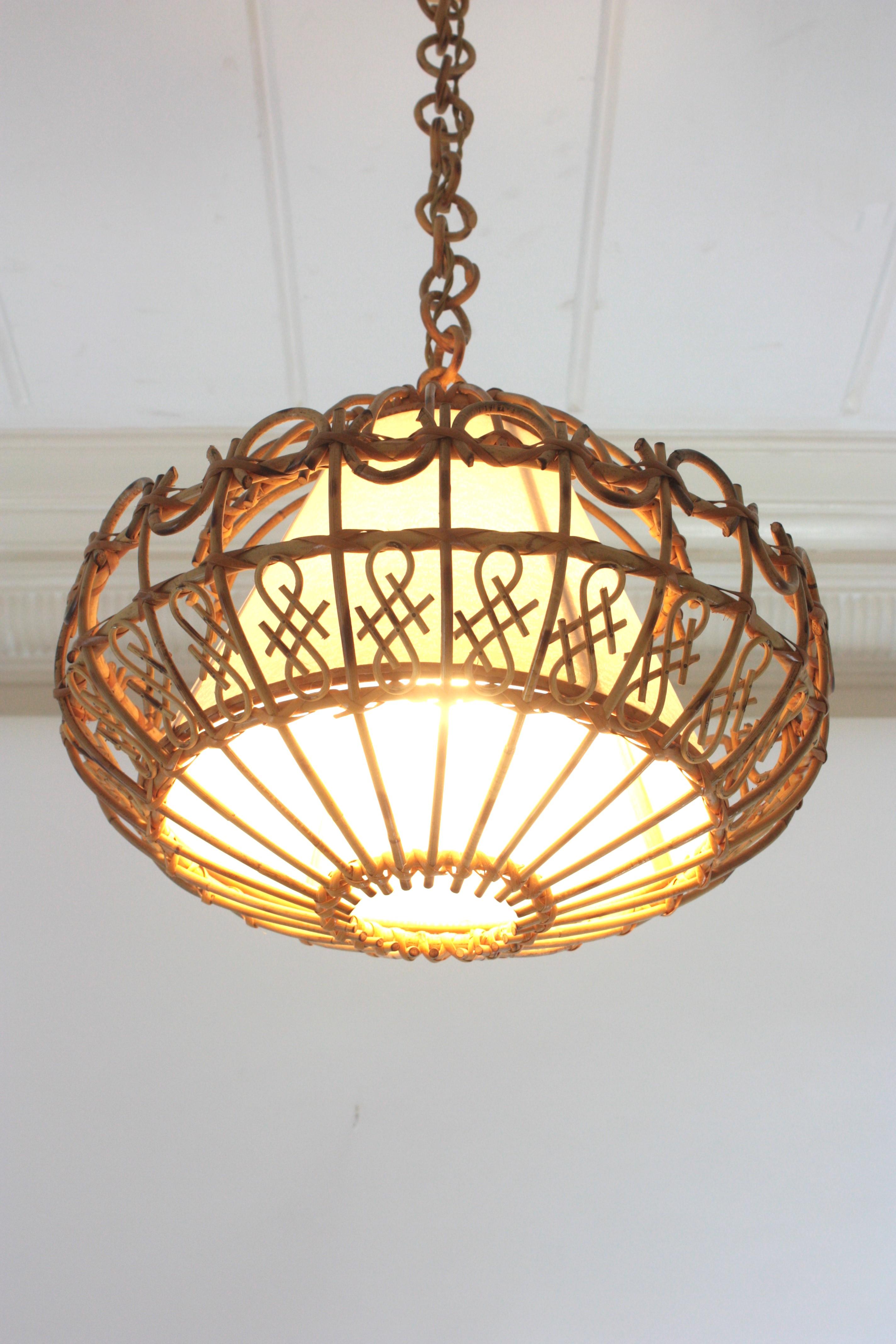20th Century Rattan Large Pendant Hanging Light / Lantern, 1960s