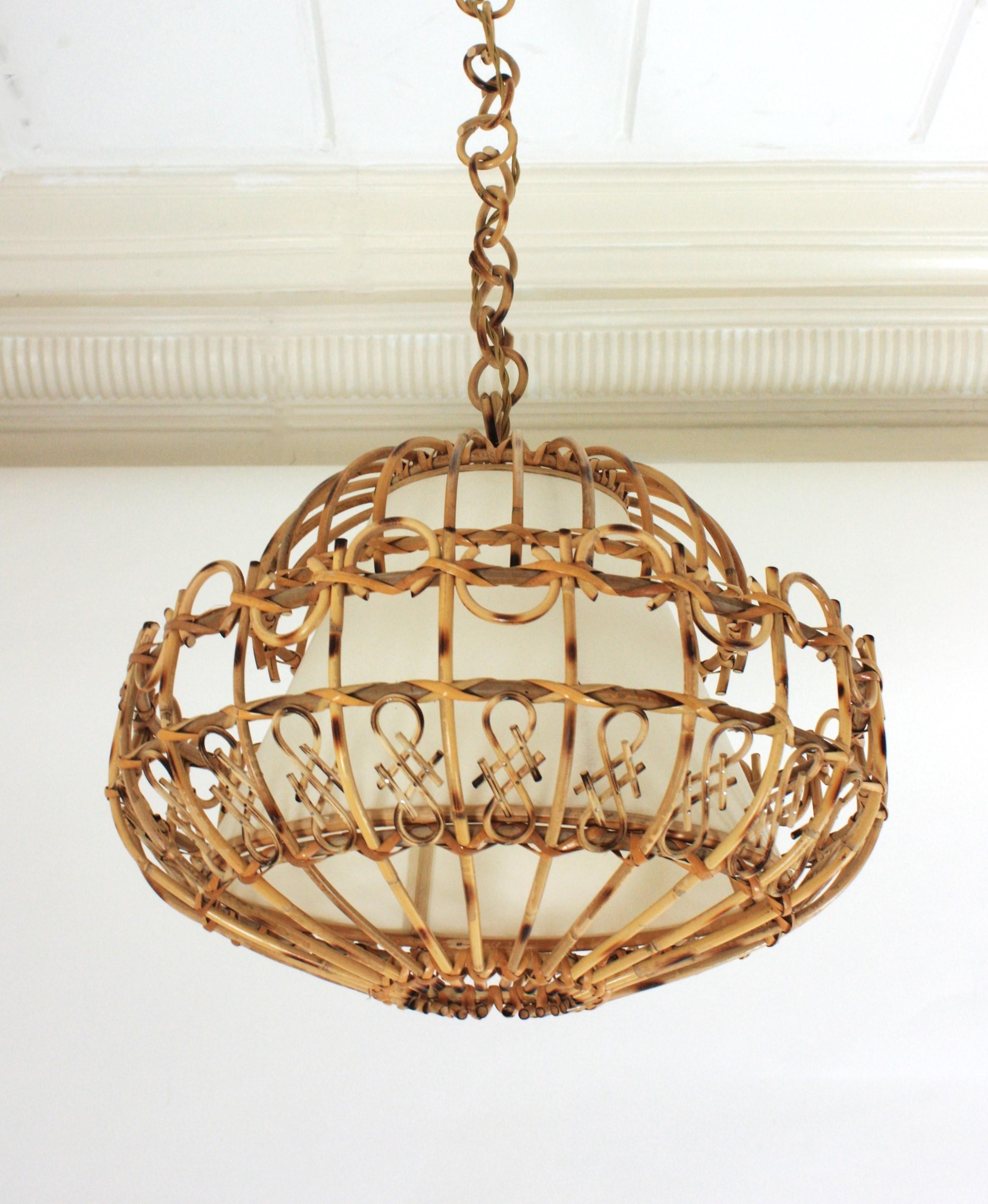 20th Century Rattan Large Pendant Hanging Light / Lantern, 1960s