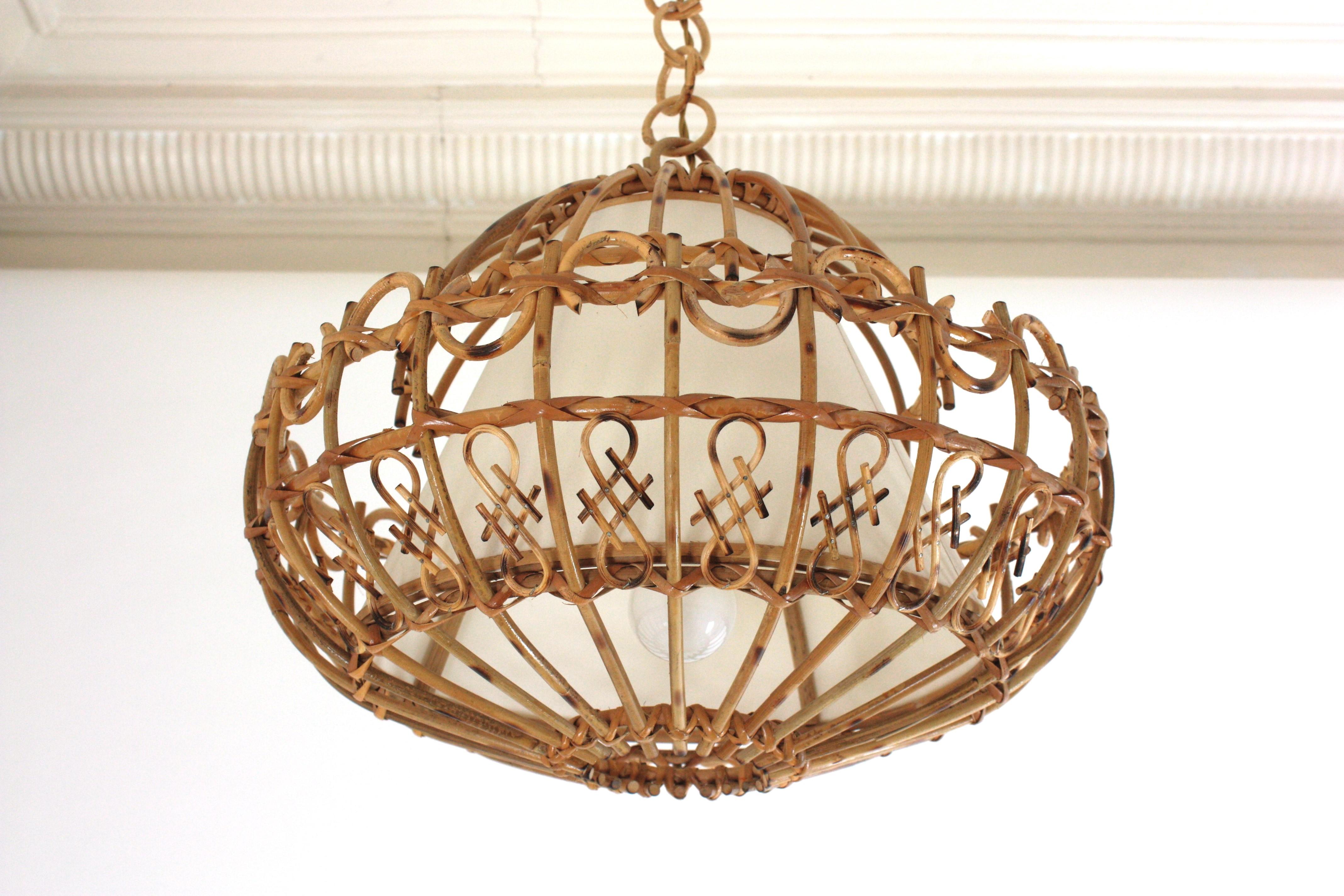 20th Century Rattan Large Pendant Hanging Light / Lantern, 1960s For Sale
