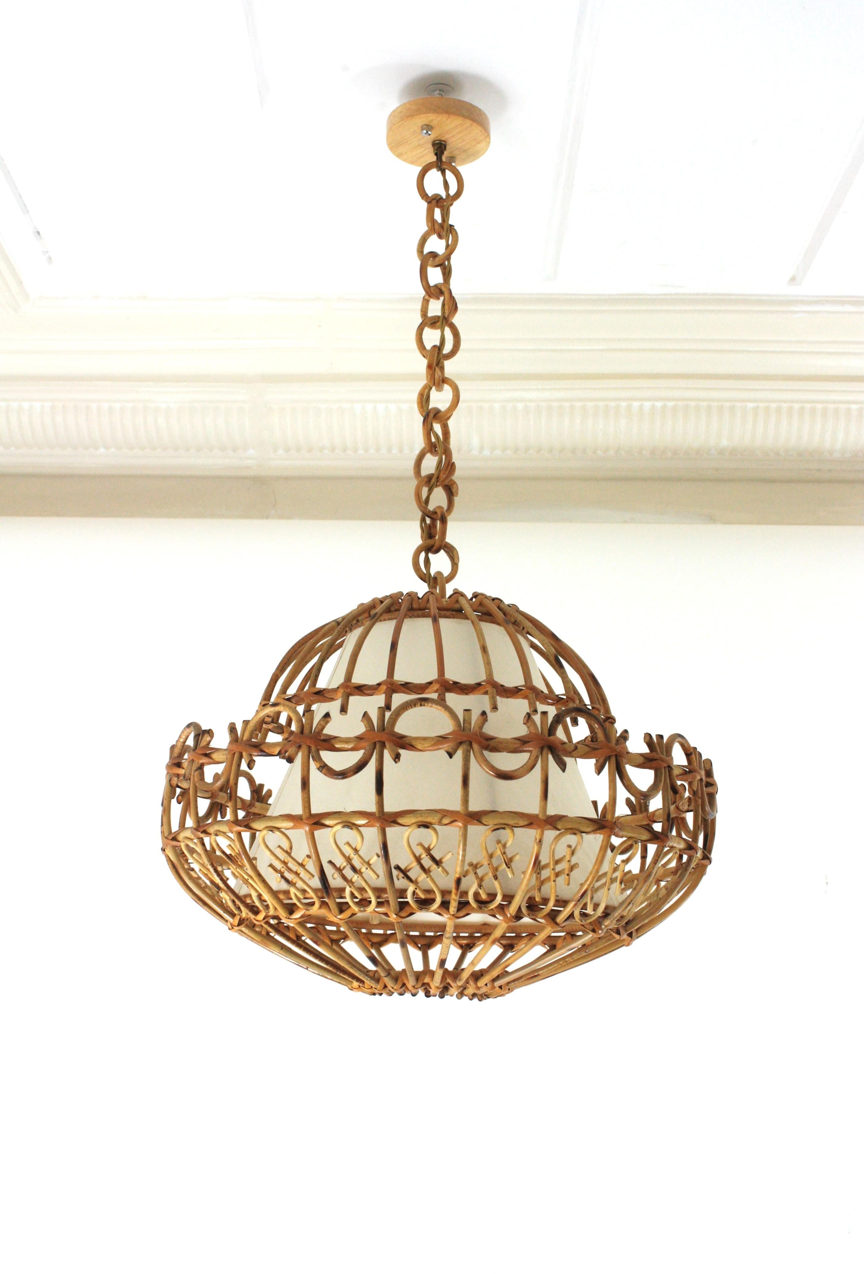 Wicker Rattan Large Pendant Hanging Light / Lantern, 1960s