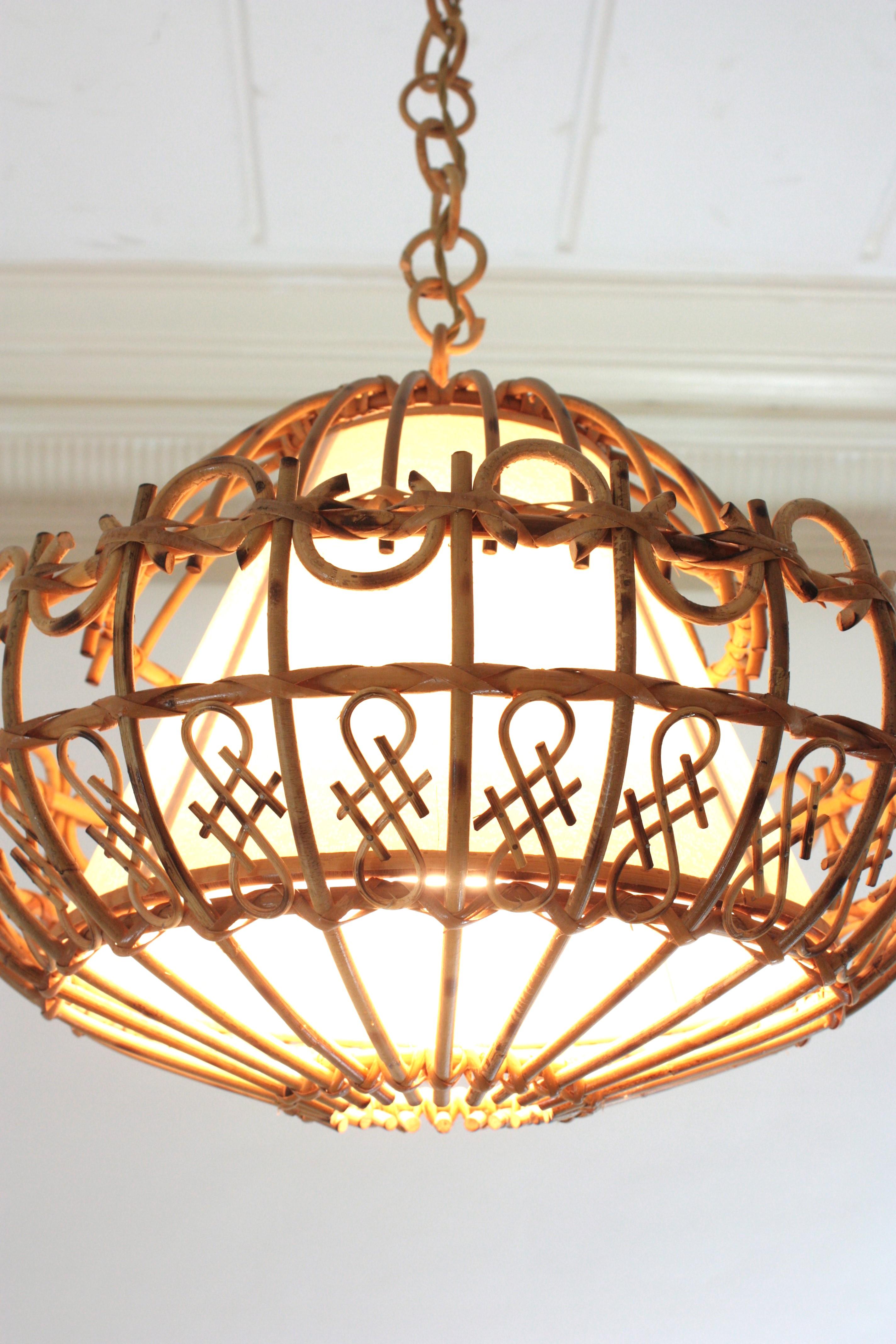 Wicker Rattan Large Pendant Hanging Light / Lantern, 1960s For Sale