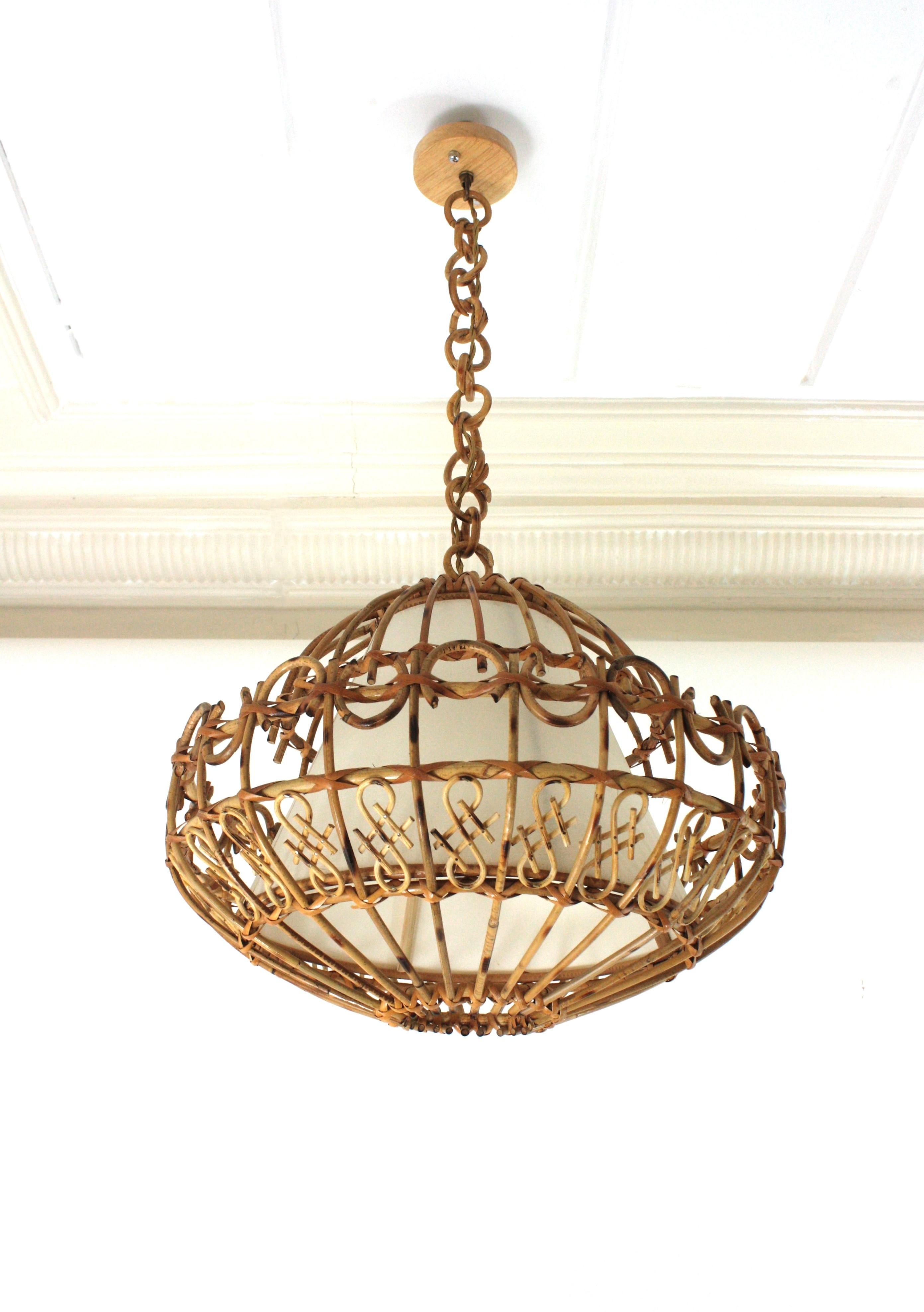 Rattan Large Pendant Hanging Light / Lantern, 1960s 1