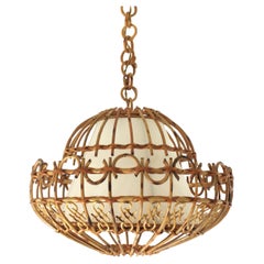 Grande lampe suspendue/lanterne en rotin, années 1960