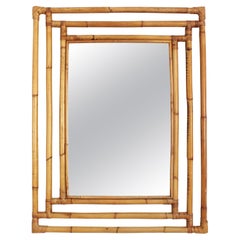 Rattan Large Rectangular Mirror with Geometric Frame, Spain, 1960s