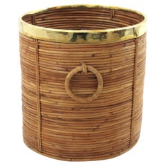Rattan Large Round Planter / Basket with Ring Handles and Brass Rim, Italy 1970
