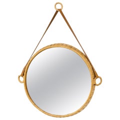 Rattan and Leather Round Wall Mirror