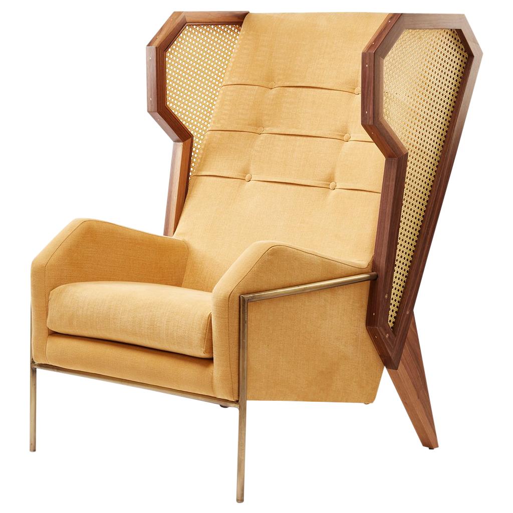 Rattan, Linen and Walnut Livingston Wingback Lounge Chair by Egg Designs