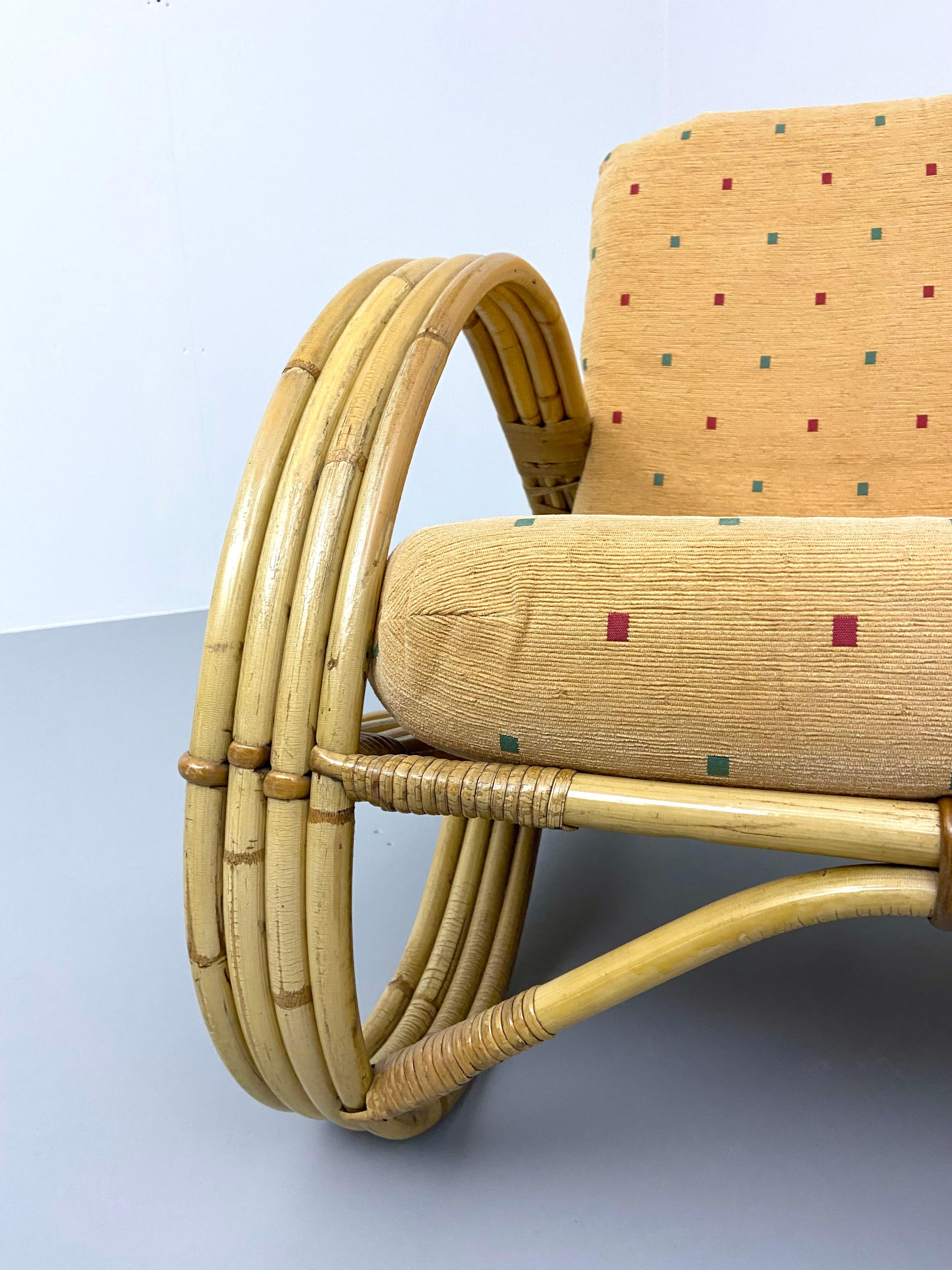 Mid-Century Modern Rattan Loung Chair in Bamboo and Fabric, France, 1960's For Sale