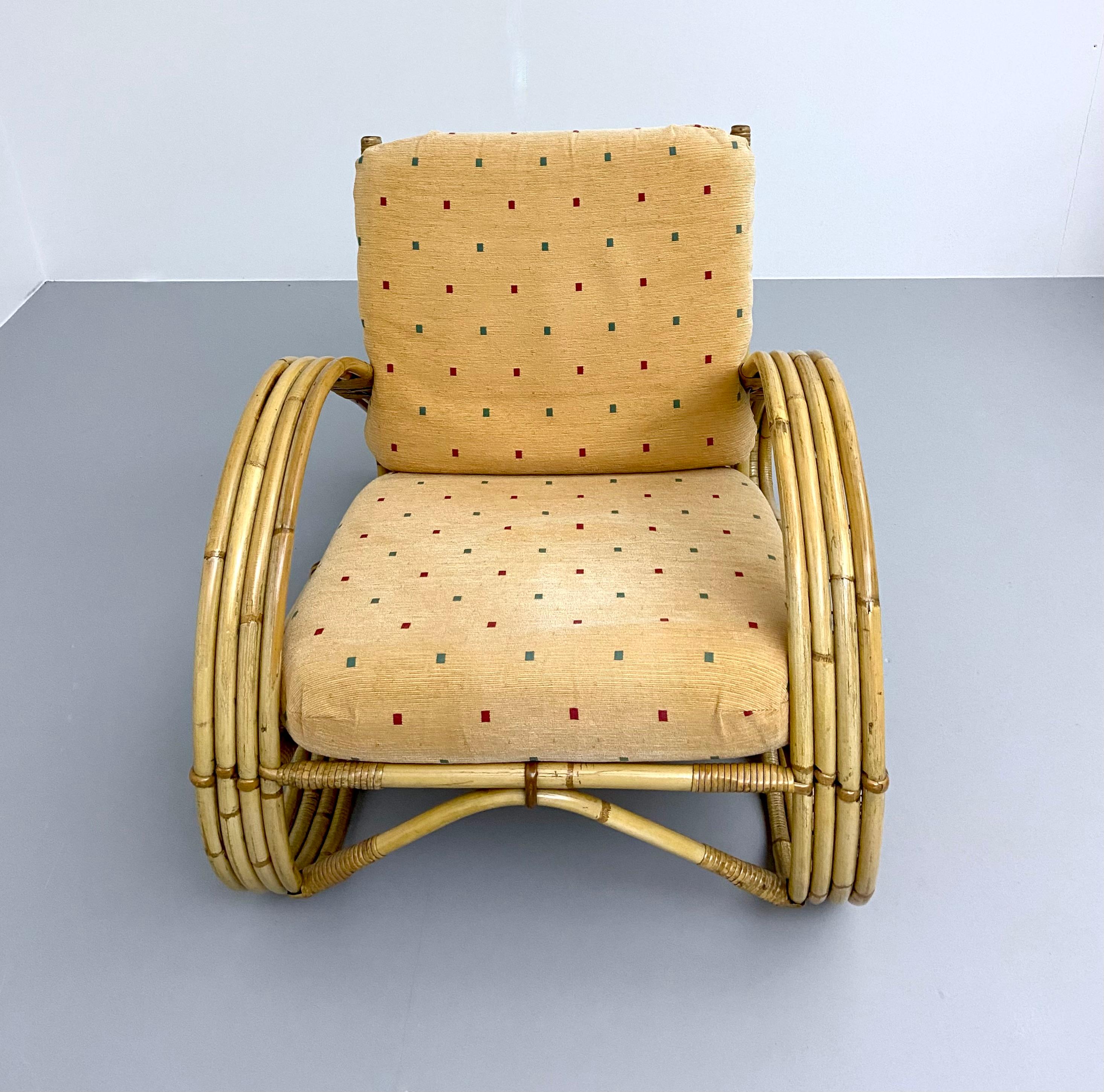 Rattan Loung Chair in Bamboo and Fabric, France, 1960's In Good Condition For Sale In Amsterdam, NL