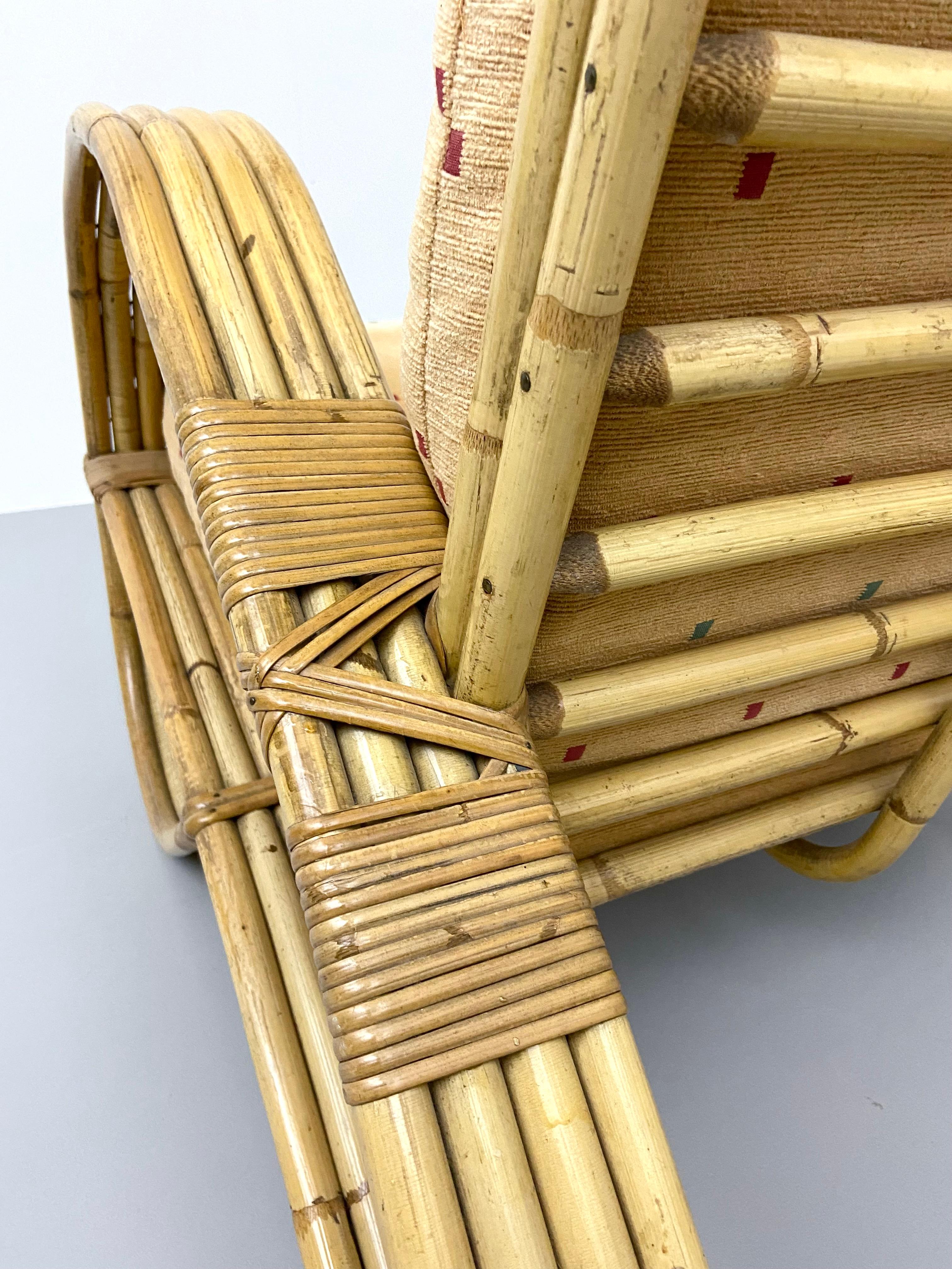 Rattan Loung Chair in Bamboo and Fabric, France, 1960's For Sale 2