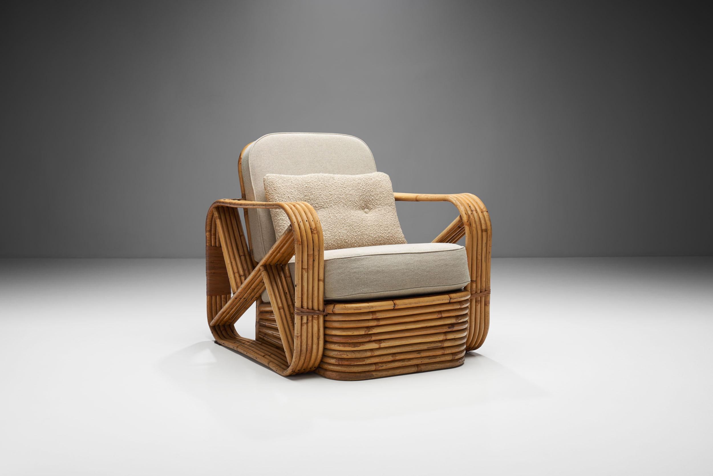 This highly distinctive bamboo rattan chair is in the style of the Austrian Art Deco and midcentury furniture designer and architect, Paul T. Frankl.

Without a doubt, the solid bamboo frame is the stand-out characteristic of this lounge chair.