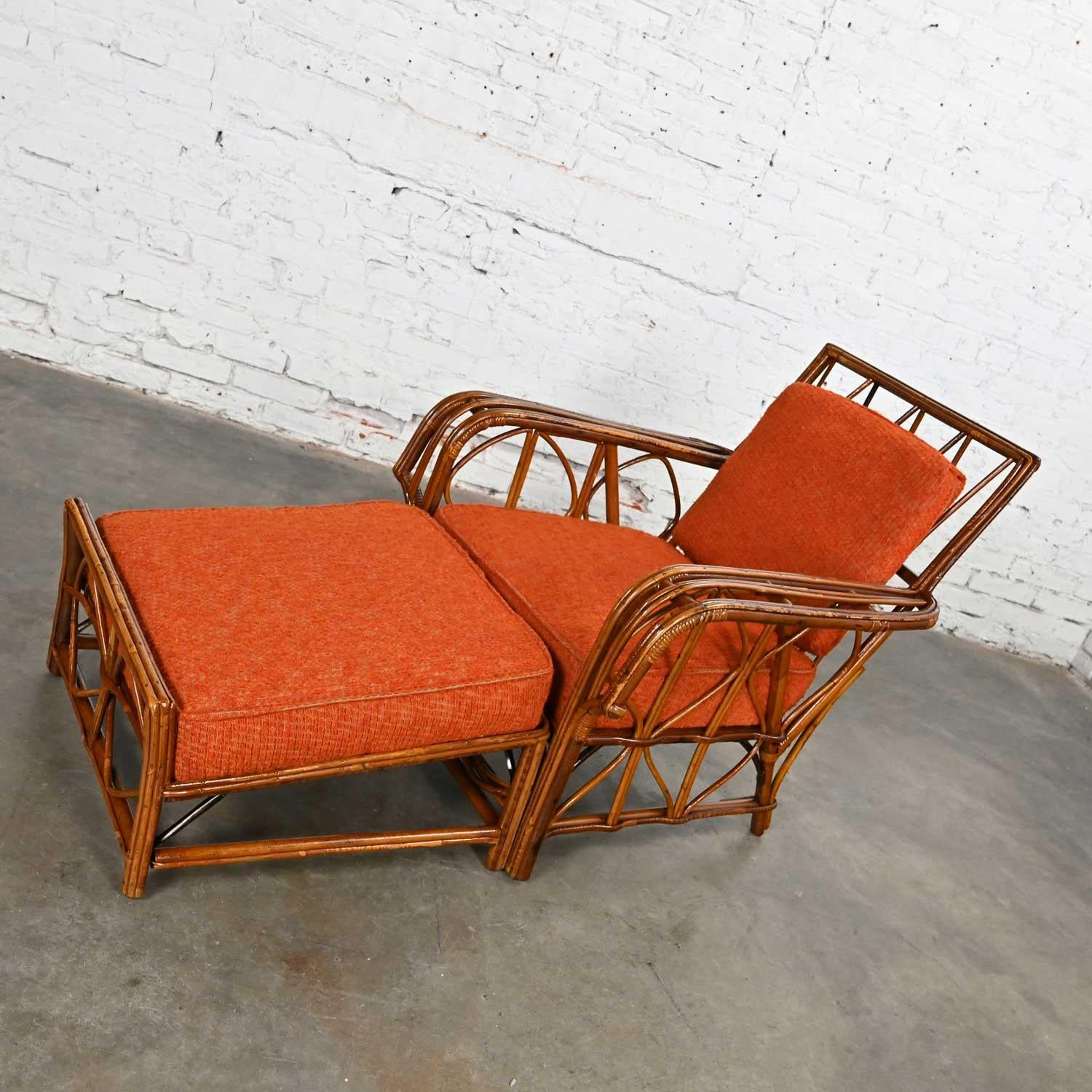 Rattan Lounge Chair & Ottoman Orange Fabric Cushions by Helmers Manufacturing Co 2