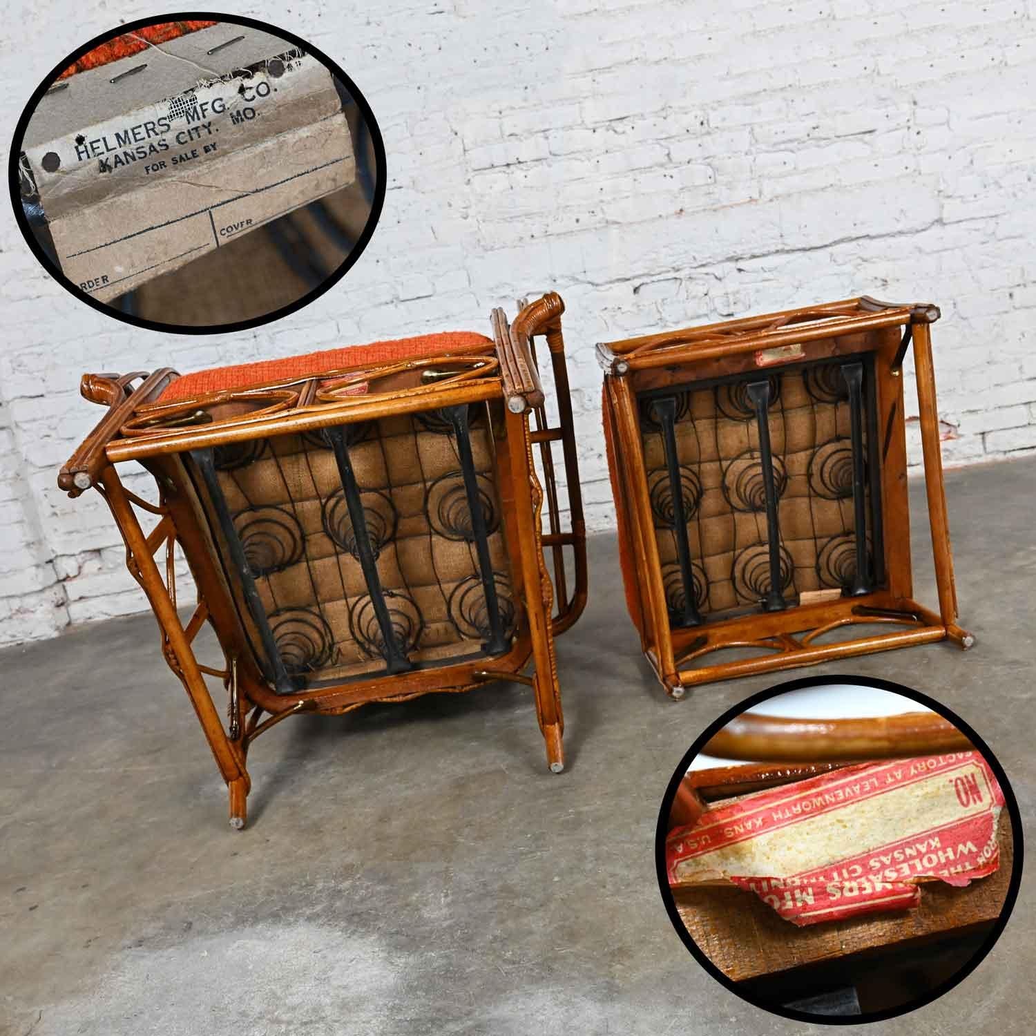 Rattan Lounge Chair & Ottoman Orange Fabric Cushions by Helmers Manufacturing Co 4