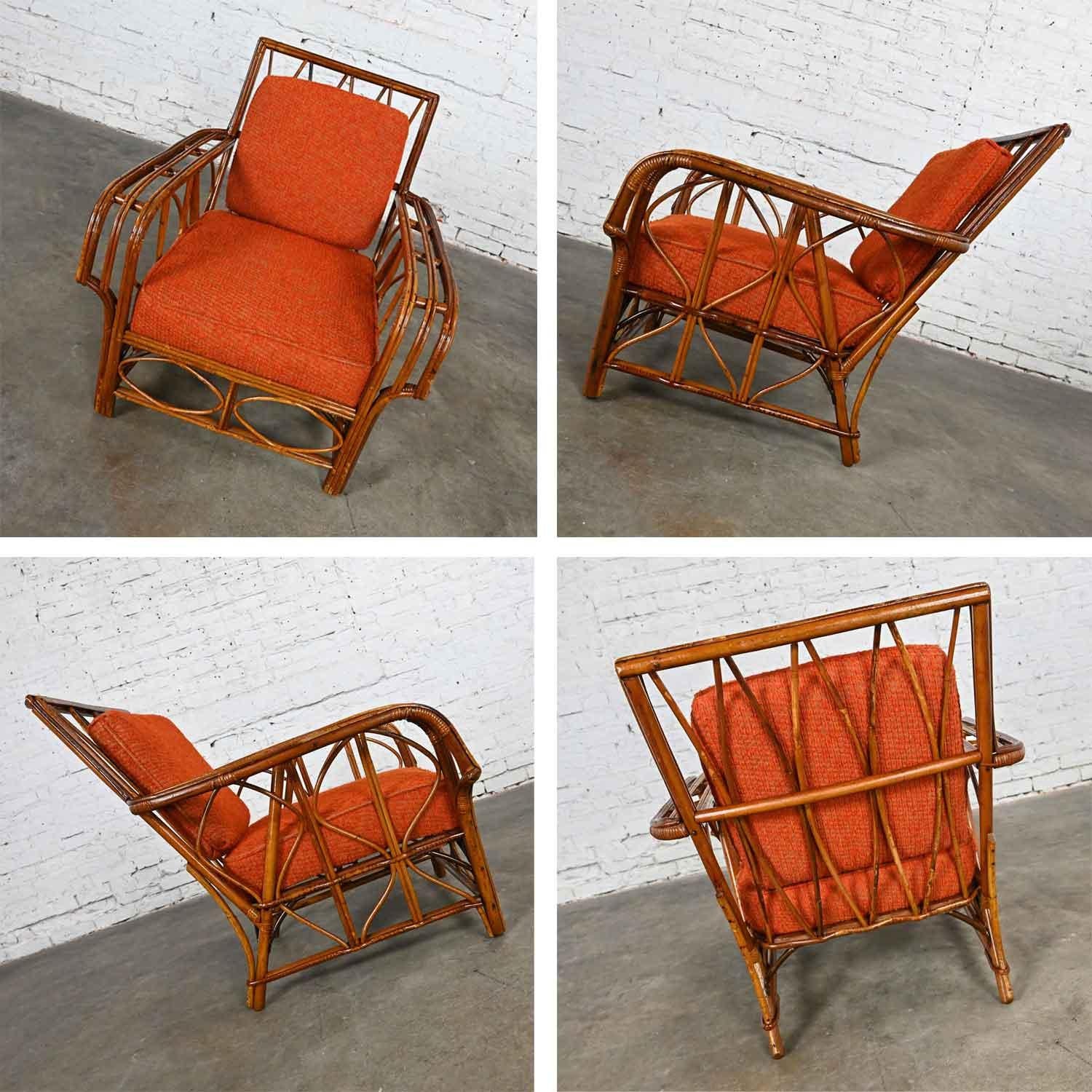 Rattan Lounge Chair & Ottoman Orange Fabric Cushions by Helmers Manufacturing Co 5