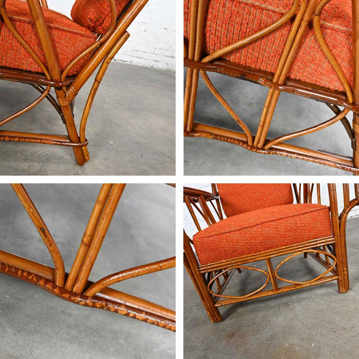 Rattan Lounge Chair & Ottoman Orange Fabric Cushions by Helmers Manufacturing Co 7