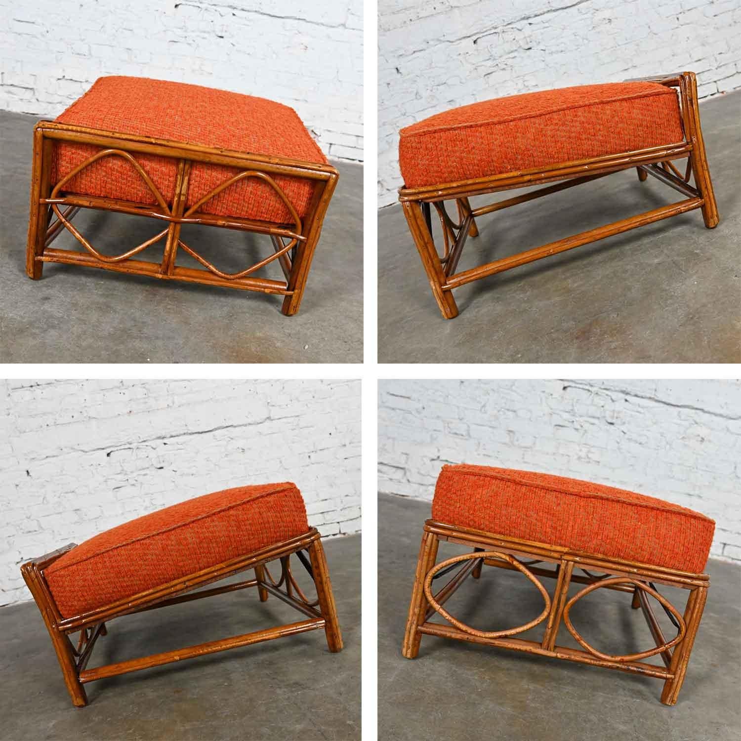 Rattan Lounge Chair & Ottoman Orange Fabric Cushions by Helmers Manufacturing Co 8