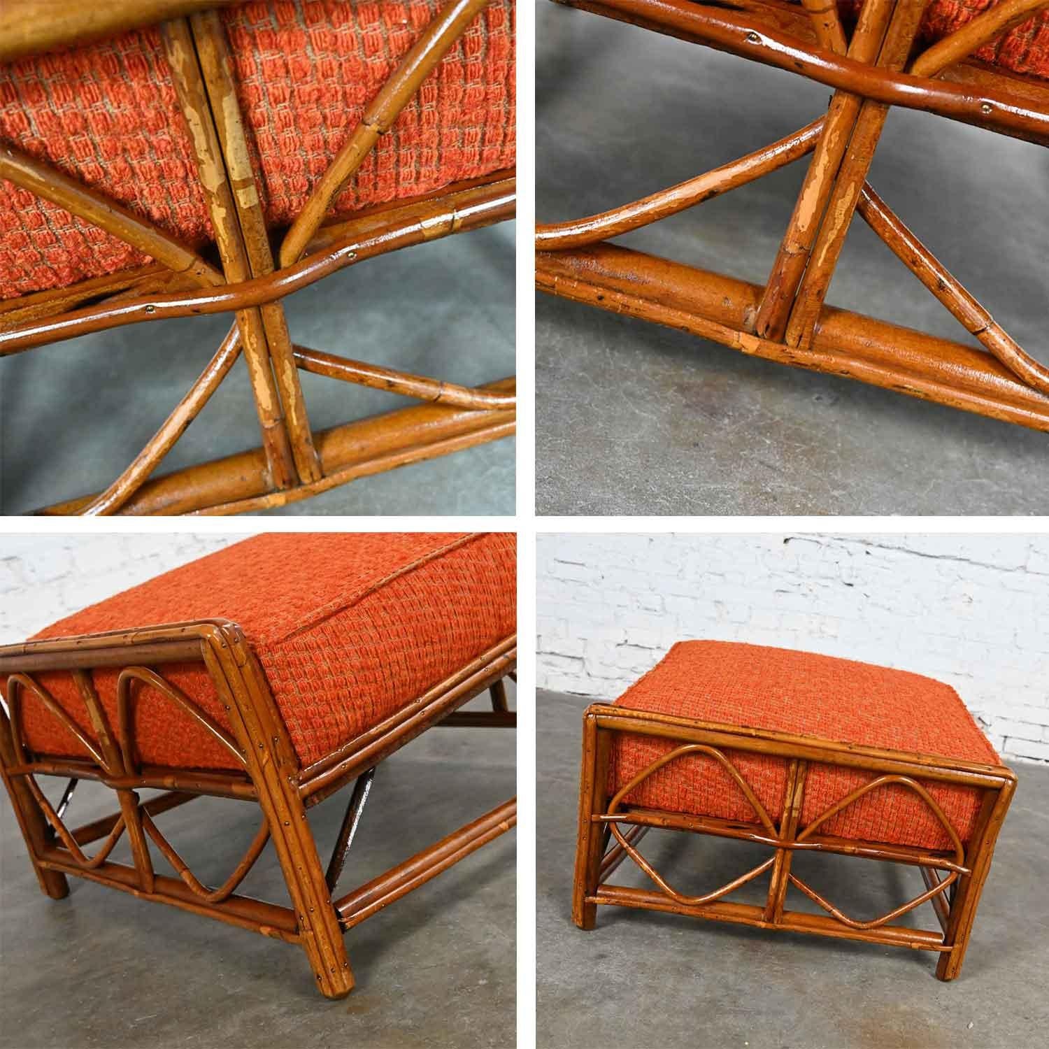 Rattan Lounge Chair & Ottoman Orange Fabric Cushions by Helmers Manufacturing Co 9