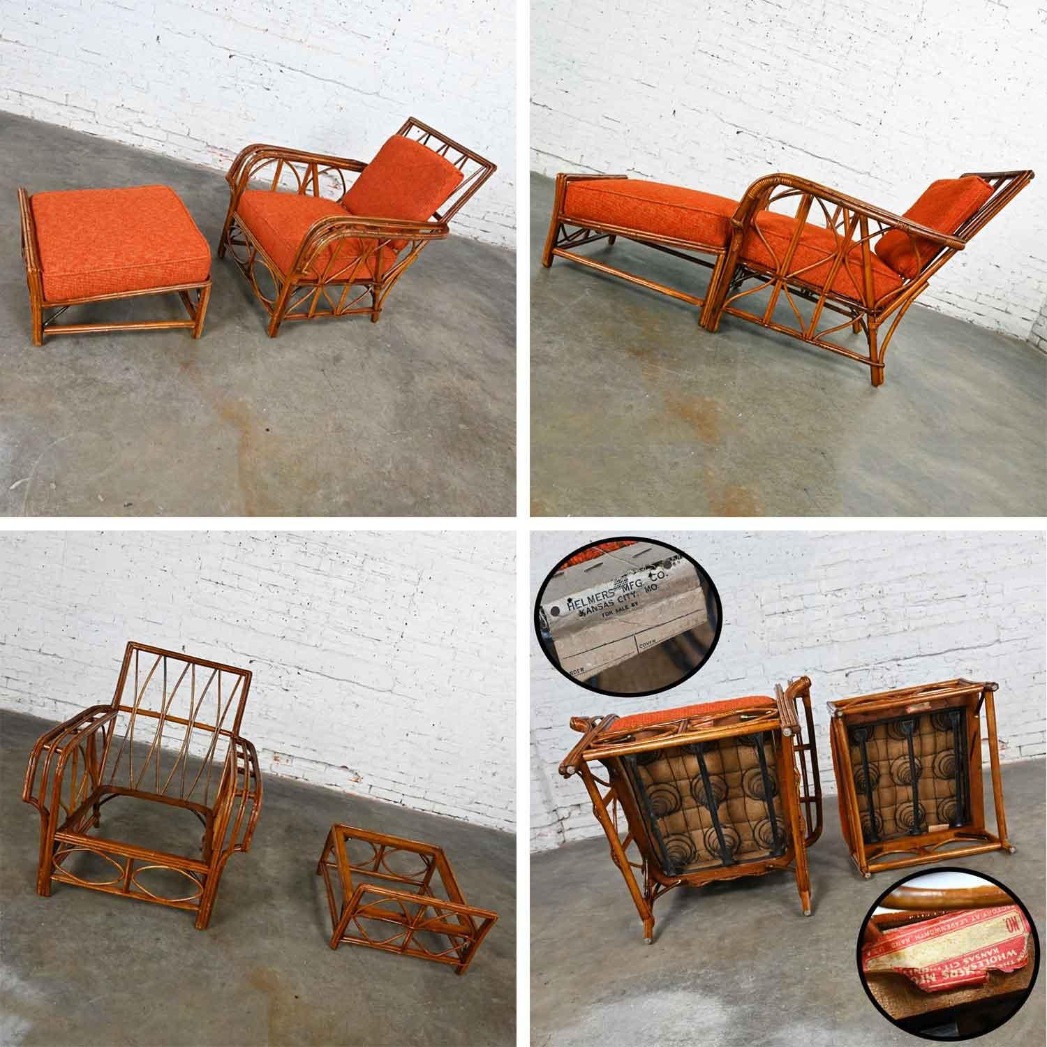 Rattan Lounge Chair & Ottoman Orange Fabric Cushions by Helmers Manufacturing Co 10