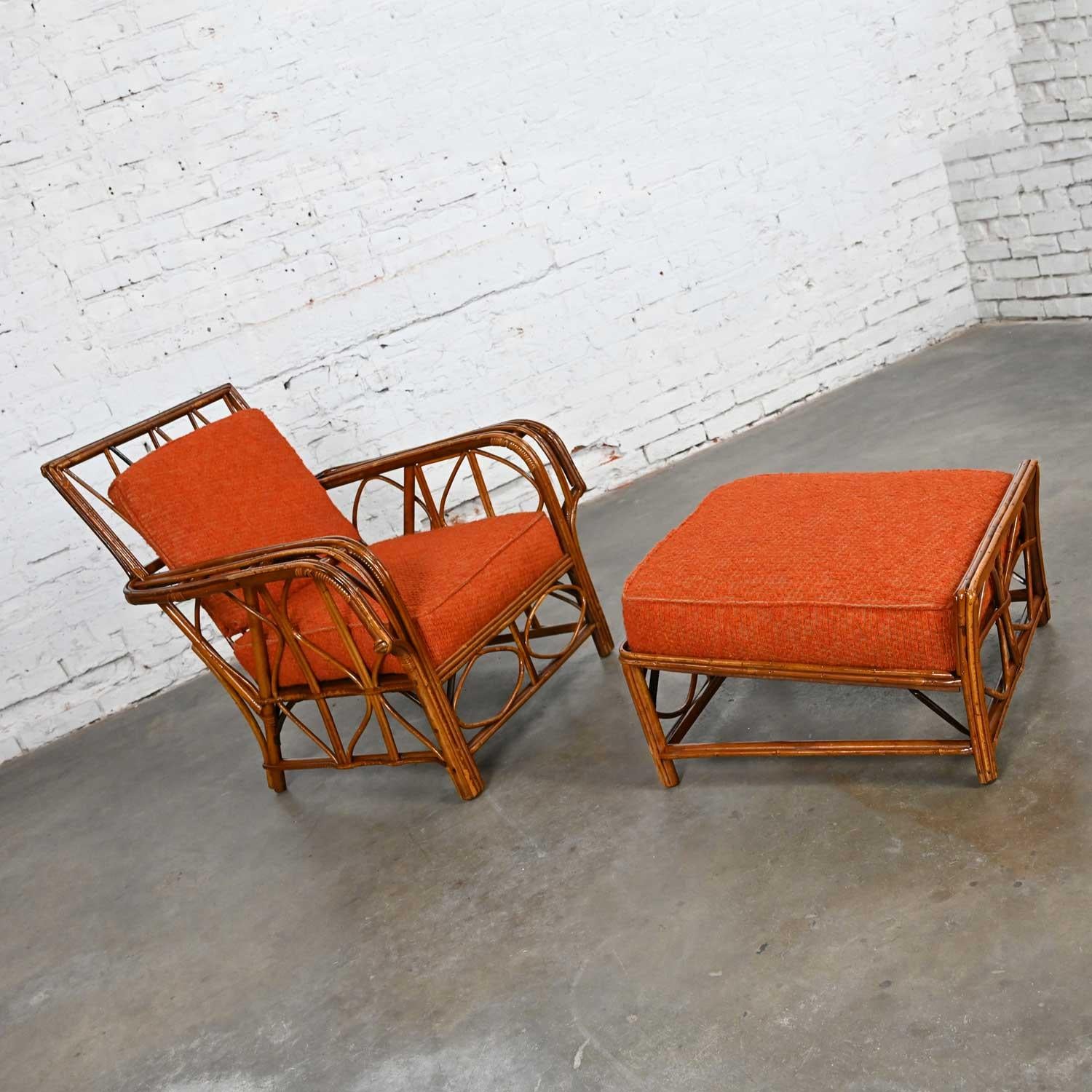 Rattan Lounge Chair & Ottoman Orange Fabric Cushions by Helmers Manufacturing Co 11