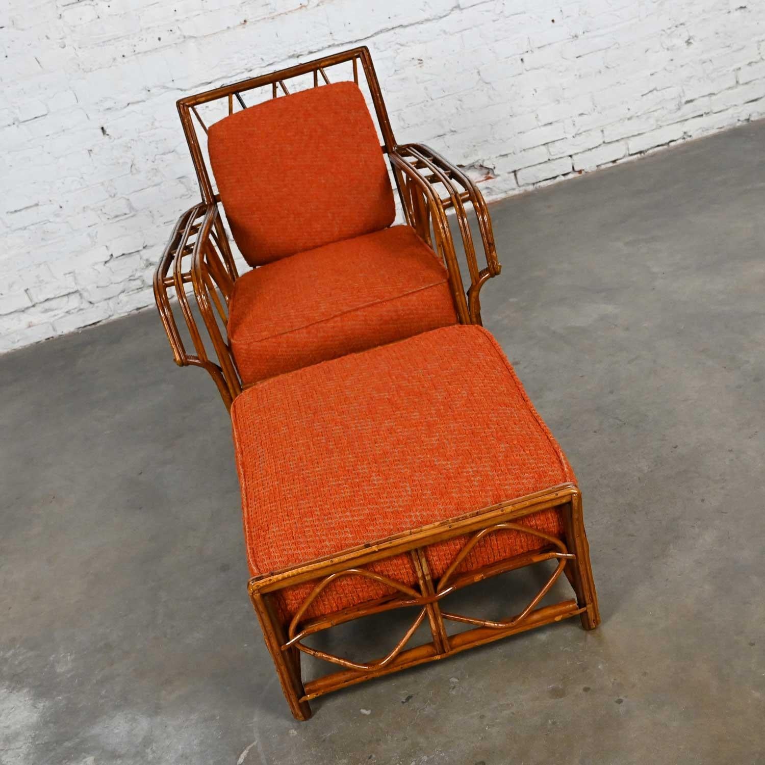 Campaign Rattan Lounge Chair & Ottoman Orange Fabric Cushions by Helmers Manufacturing Co