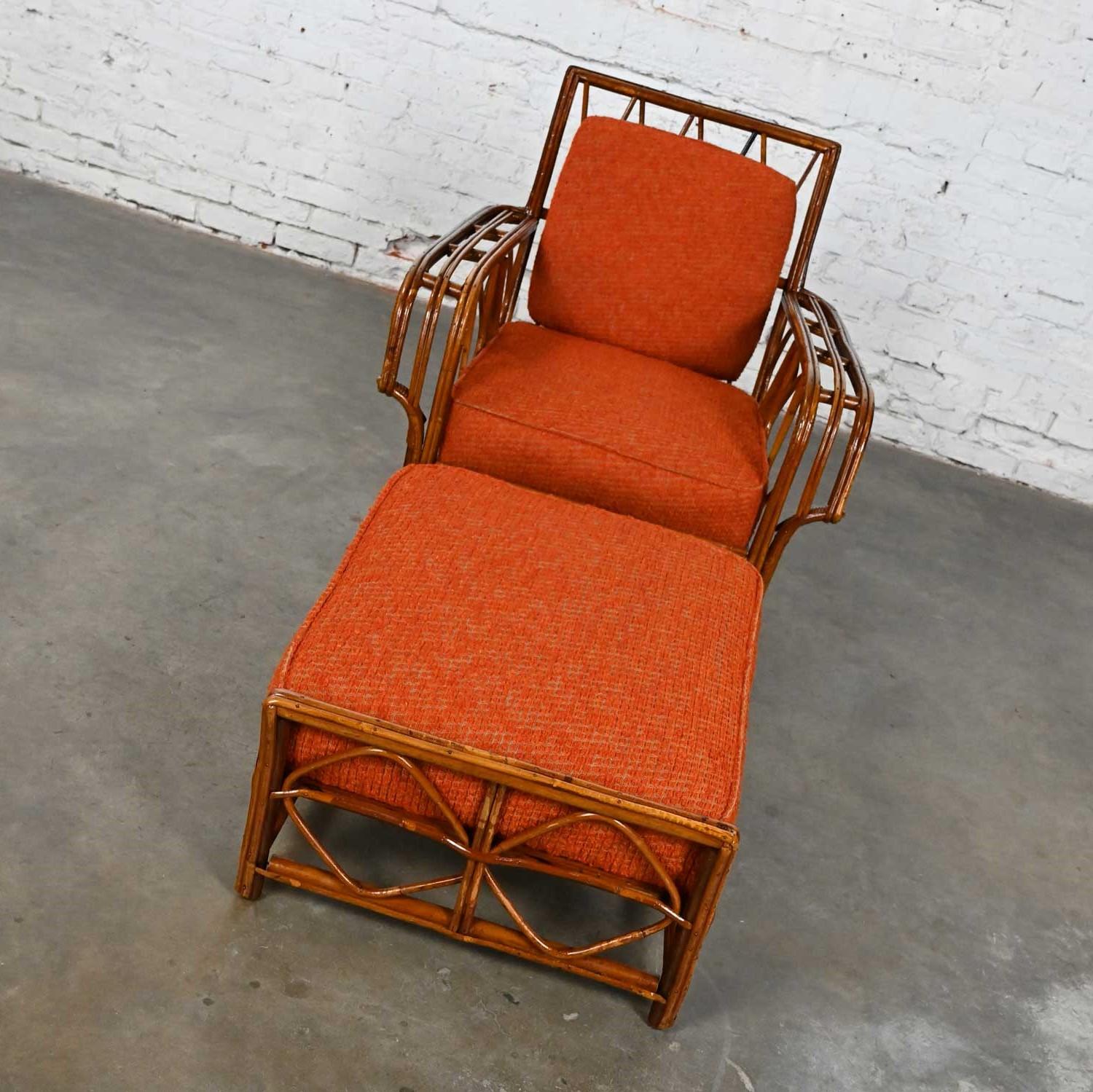 American Rattan Lounge Chair & Ottoman Orange Fabric Cushions by Helmers Manufacturing Co