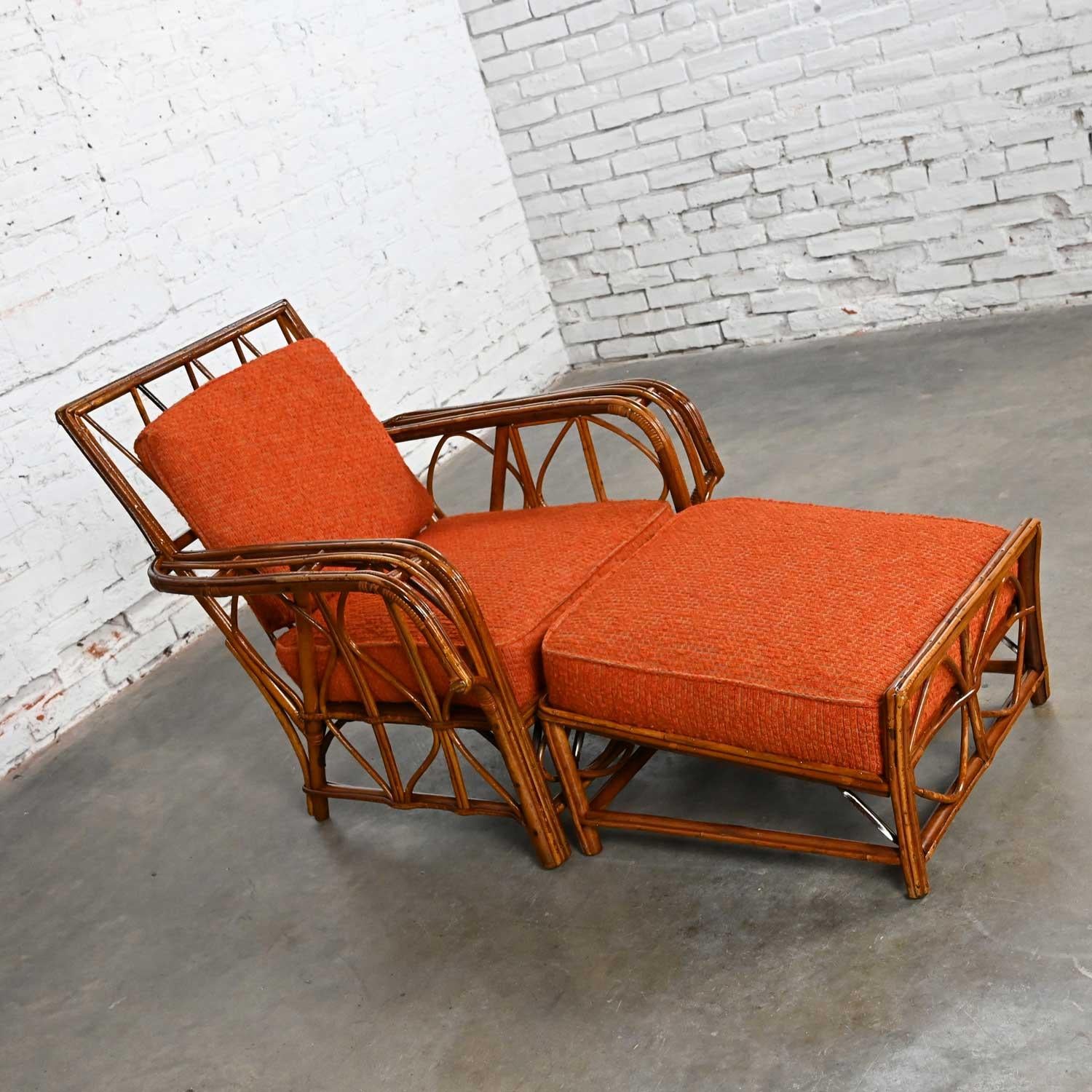 20th Century Rattan Lounge Chair & Ottoman Orange Fabric Cushions by Helmers Manufacturing Co