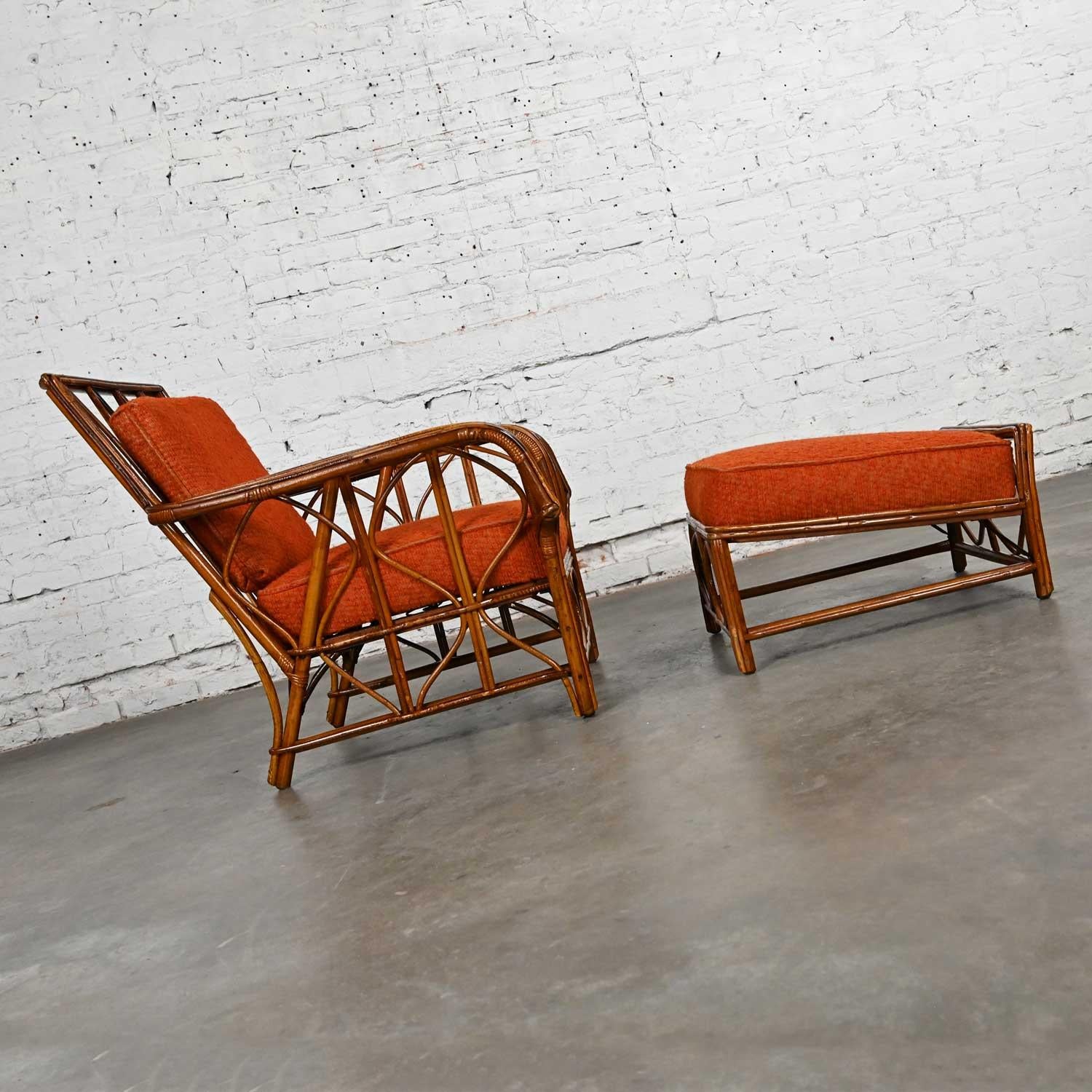 Metal Rattan Lounge Chair & Ottoman Orange Fabric Cushions by Helmers Manufacturing Co