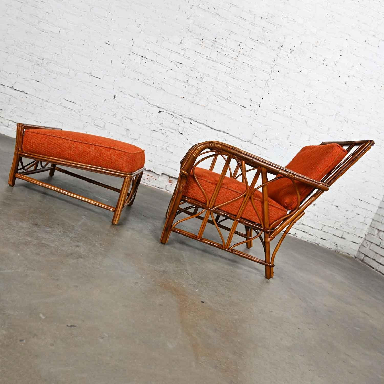 Rattan Lounge Chair & Ottoman Orange Fabric Cushions by Helmers Manufacturing Co 1