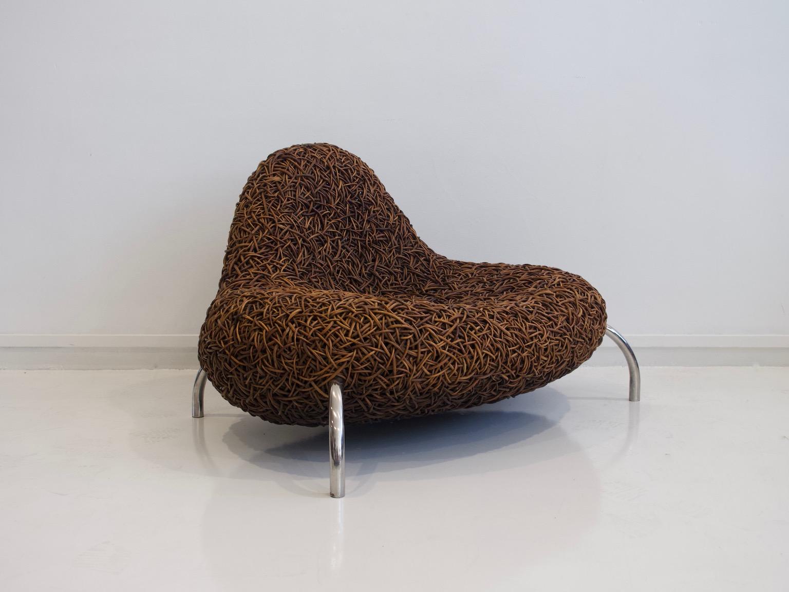 Modern Rattan Lounge Chair with Chromed Metal Feet
