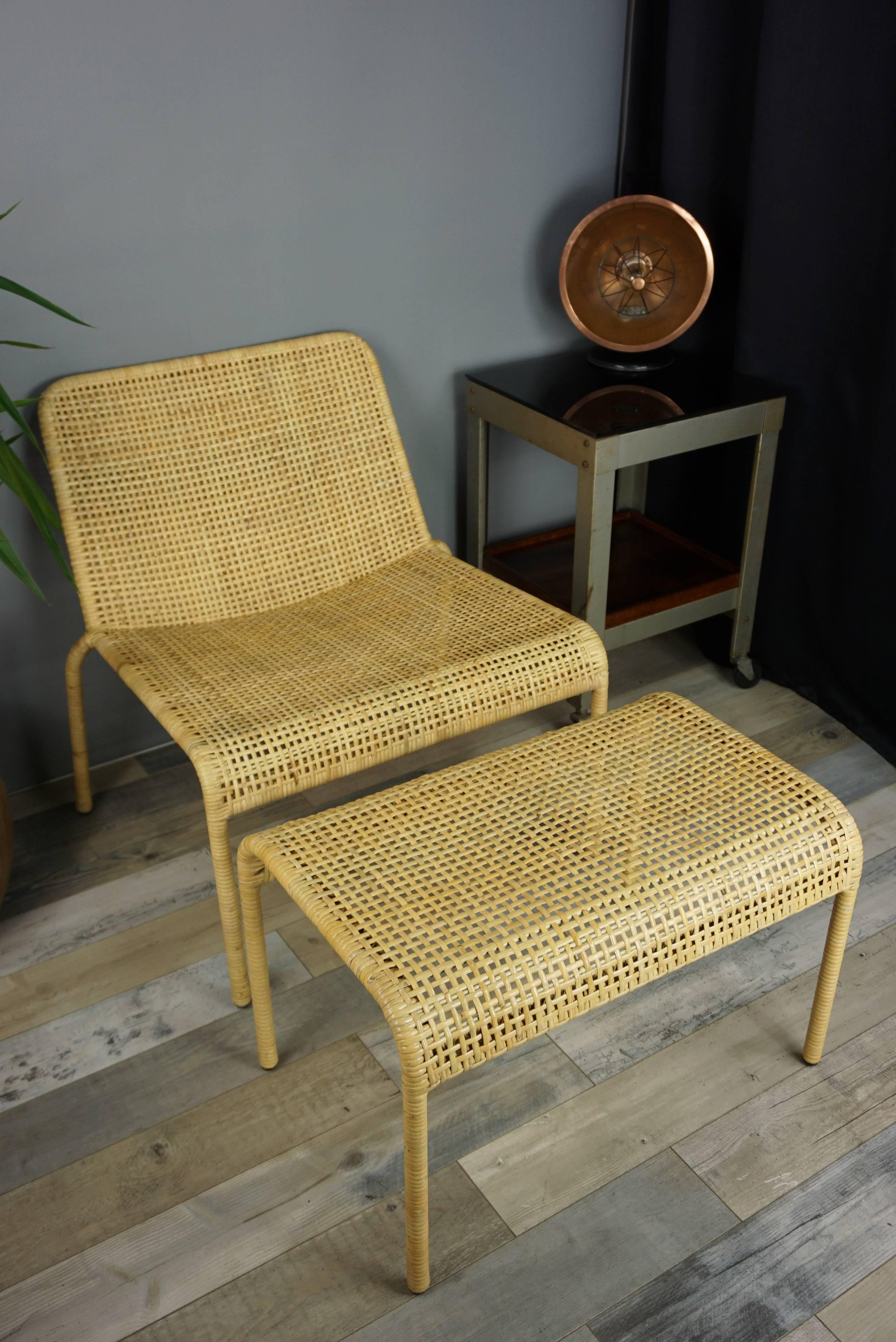 Mid-Century Modern Rattan Lounge Set with Armchair and Ottoman