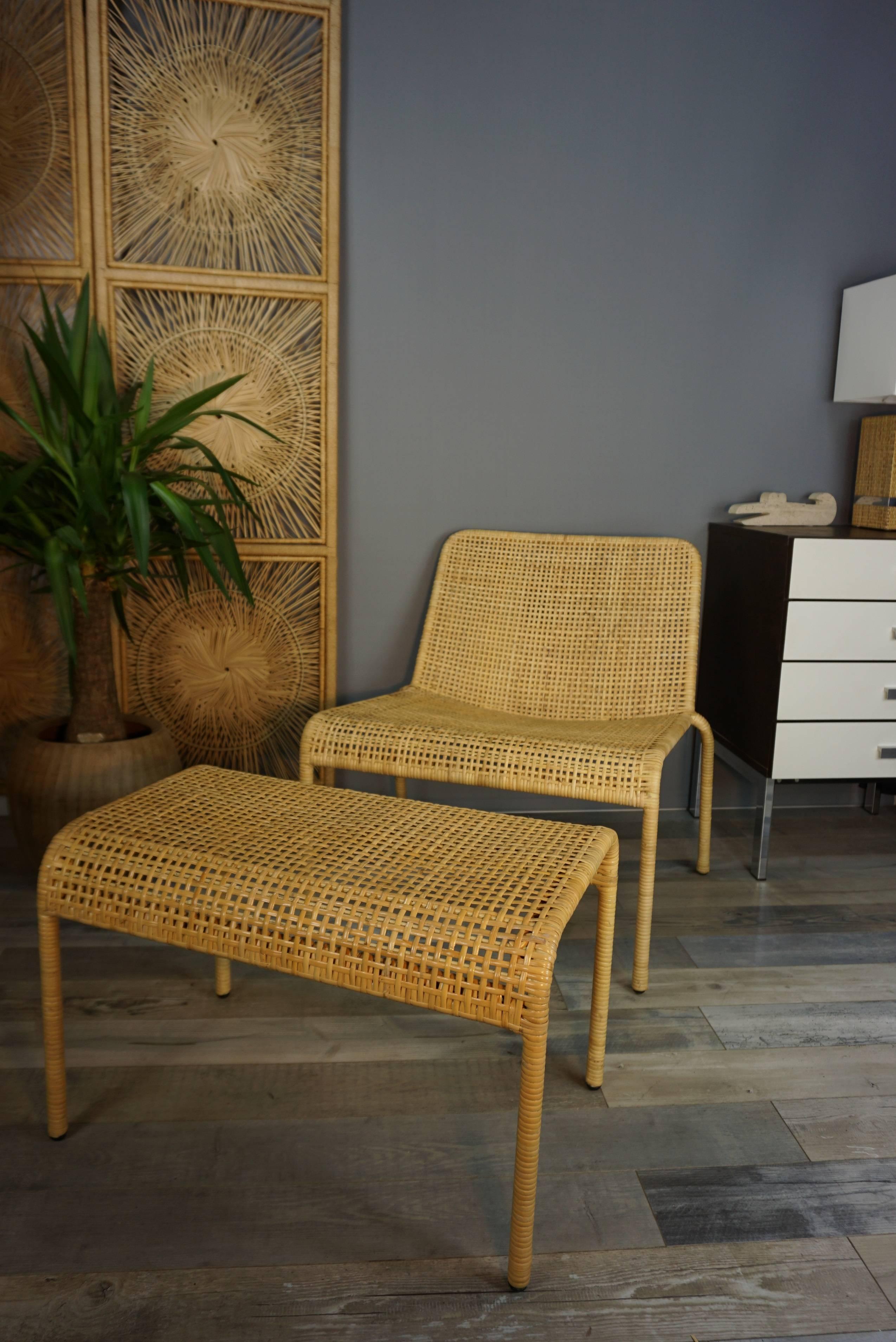 Rattan Lounge Set with Armchair and Ottoman In Excellent Condition In Tourcoing, FR