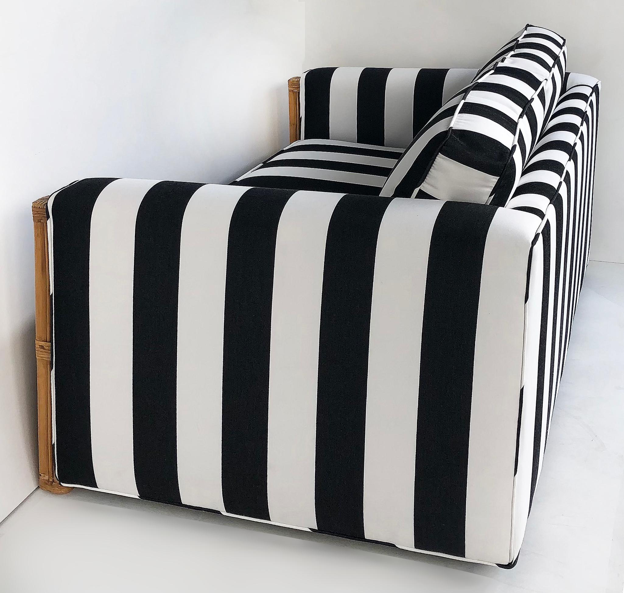 American Rattan Loveseat Newly Upholstered with Black & White Striped Fabric For Sale