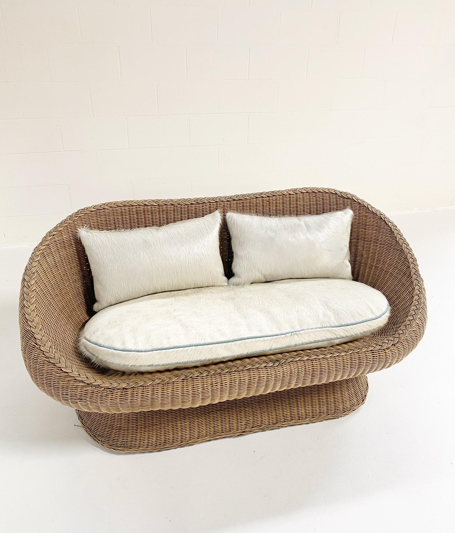 American Rattan Loveseat with Custom Brazilian Cowhide and Leather Cushions For Sale