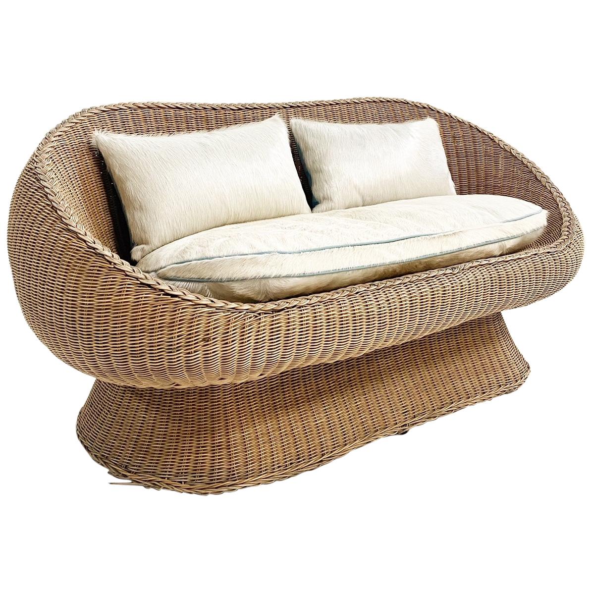 Rattan Loveseat with Custom Brazilian Cowhide and Leather Cushions For Sale