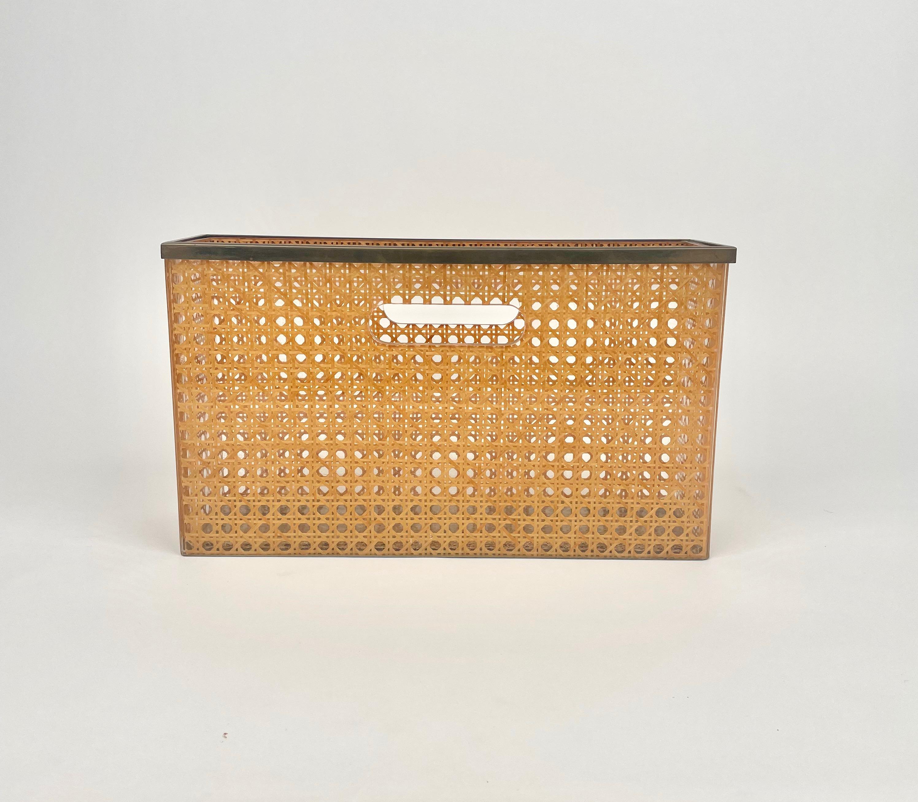 French Rattan, Lucite & Brass Magazine Rack Christian Dior Style, France, 1970s