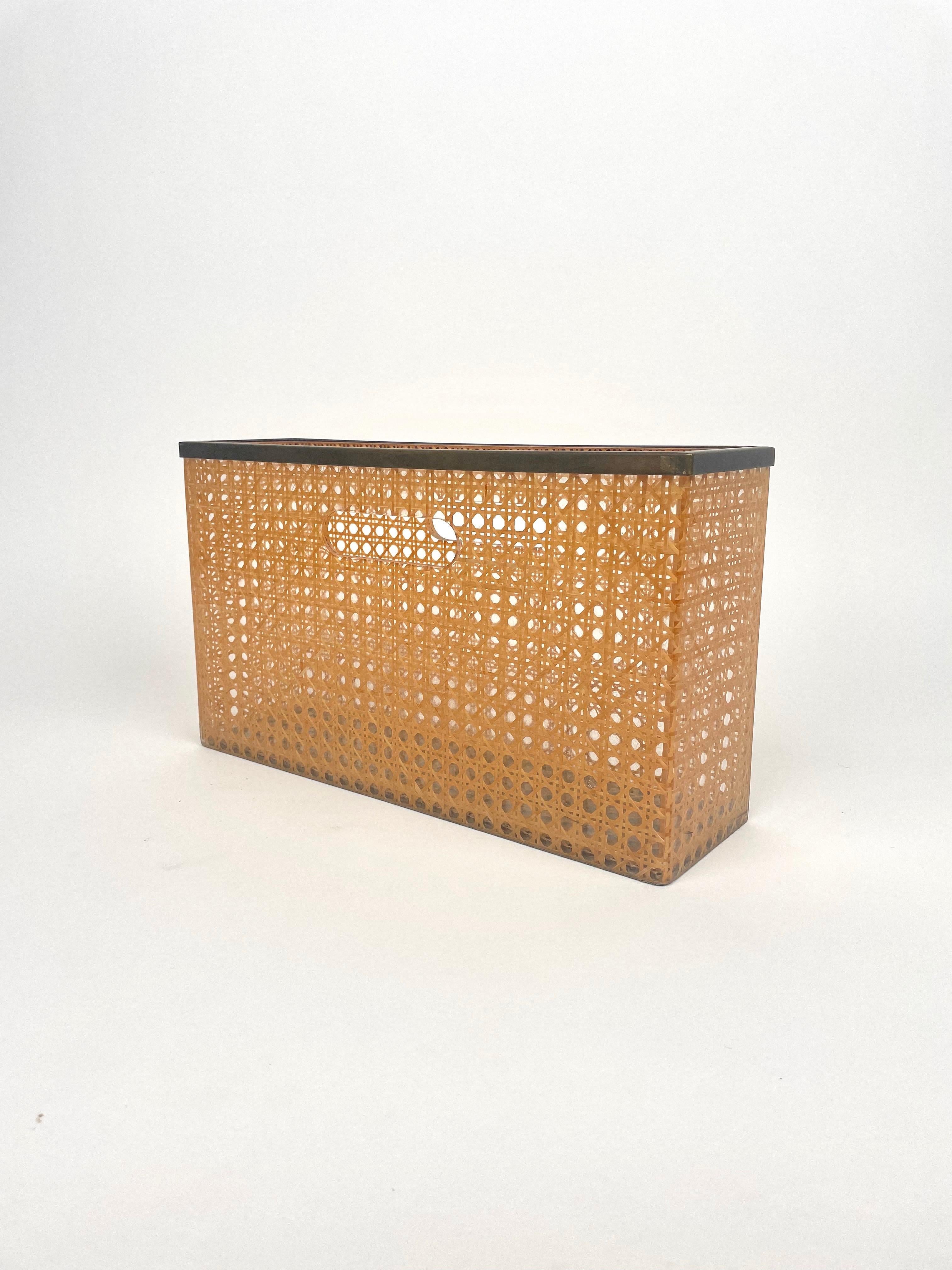 Late 20th Century Rattan, Lucite & Brass Magazine Rack Christian Dior Style, France, 1970s