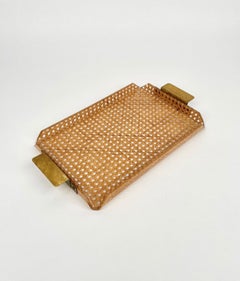 Rattan Lucite & Brass Serving Tray Christian Dior Style, Italy, 1970s