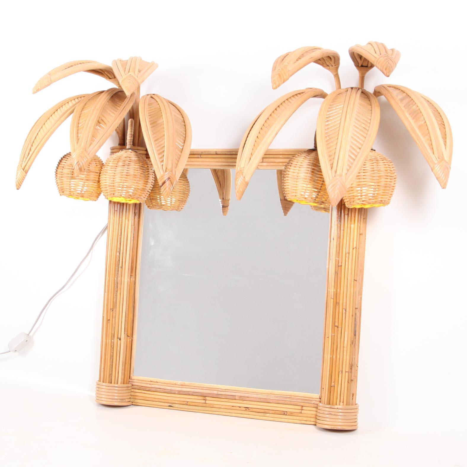 French Rattan luminous double coconuts wall mirror  For Sale