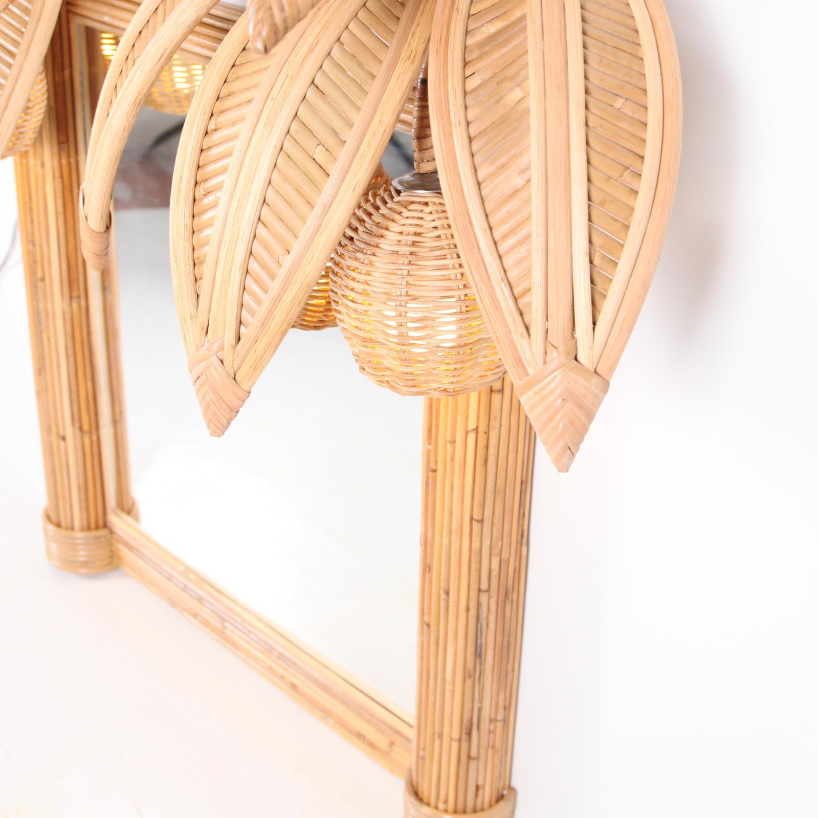Hand-Woven Rattan luminous double coconuts wall mirror  For Sale