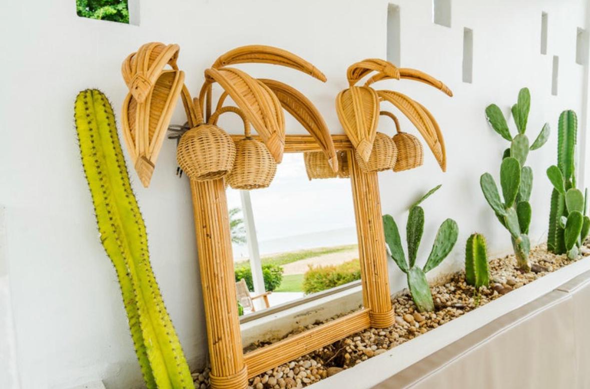 Miroir mural lumineux en rotin à double noix de coco Excellent état - En vente à Isle Sur Sorgue, FR