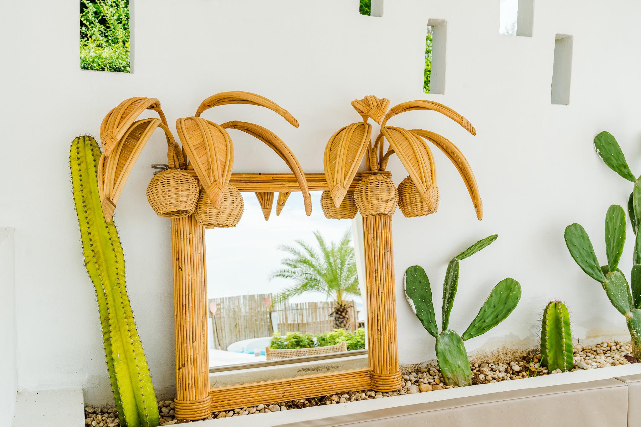 20th Century Rattan luminous double coconuts wall mirror  For Sale