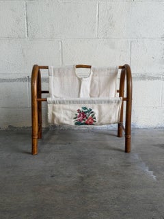 Rattan Magazine Rack with Floral Embroidered Canvas Mid-Century Modern 1970s