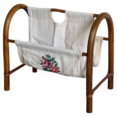 Rattan Magazine Rack with Floral Embroidered Canvas Mid-Century Modern 1970s