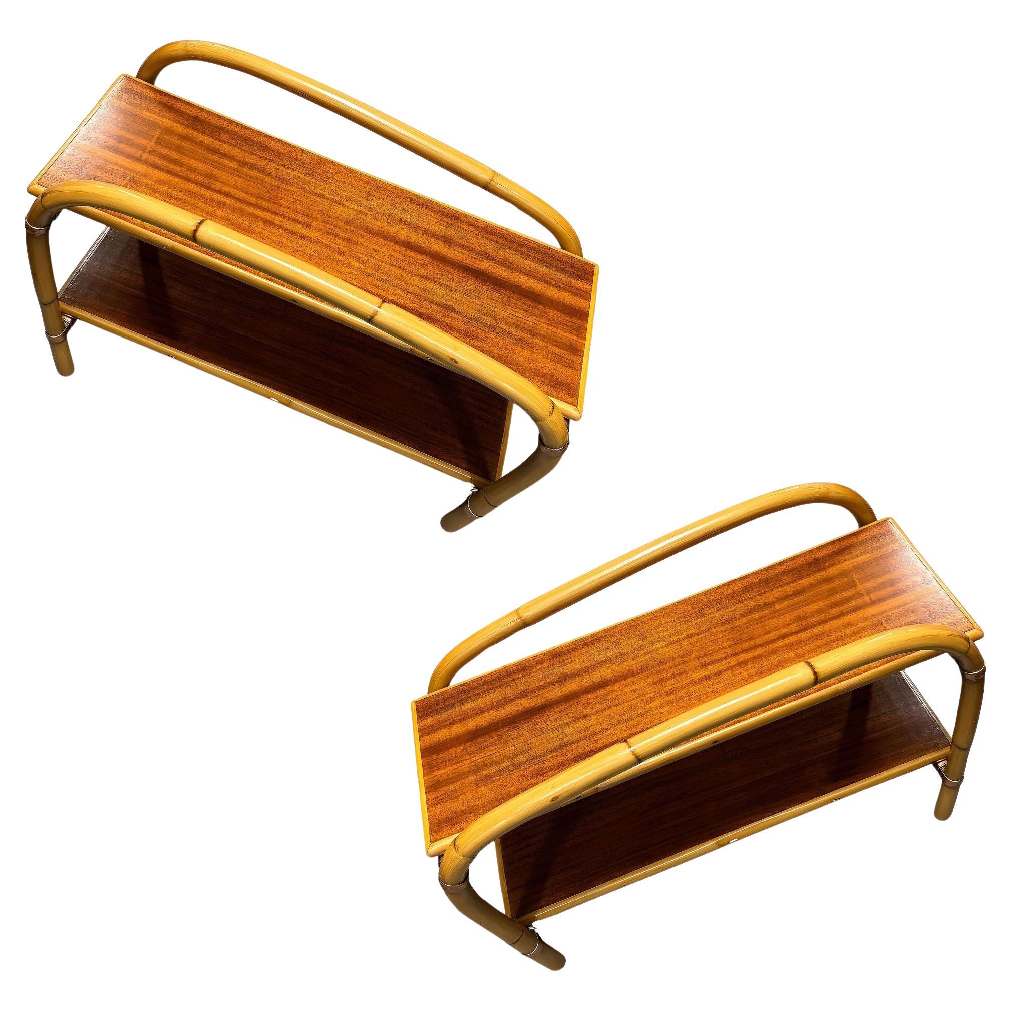 Table d'appoint à 2 niveaux en rotin et acajou à double arche "Tropitan" par Ritts Tropitan, paire en vente