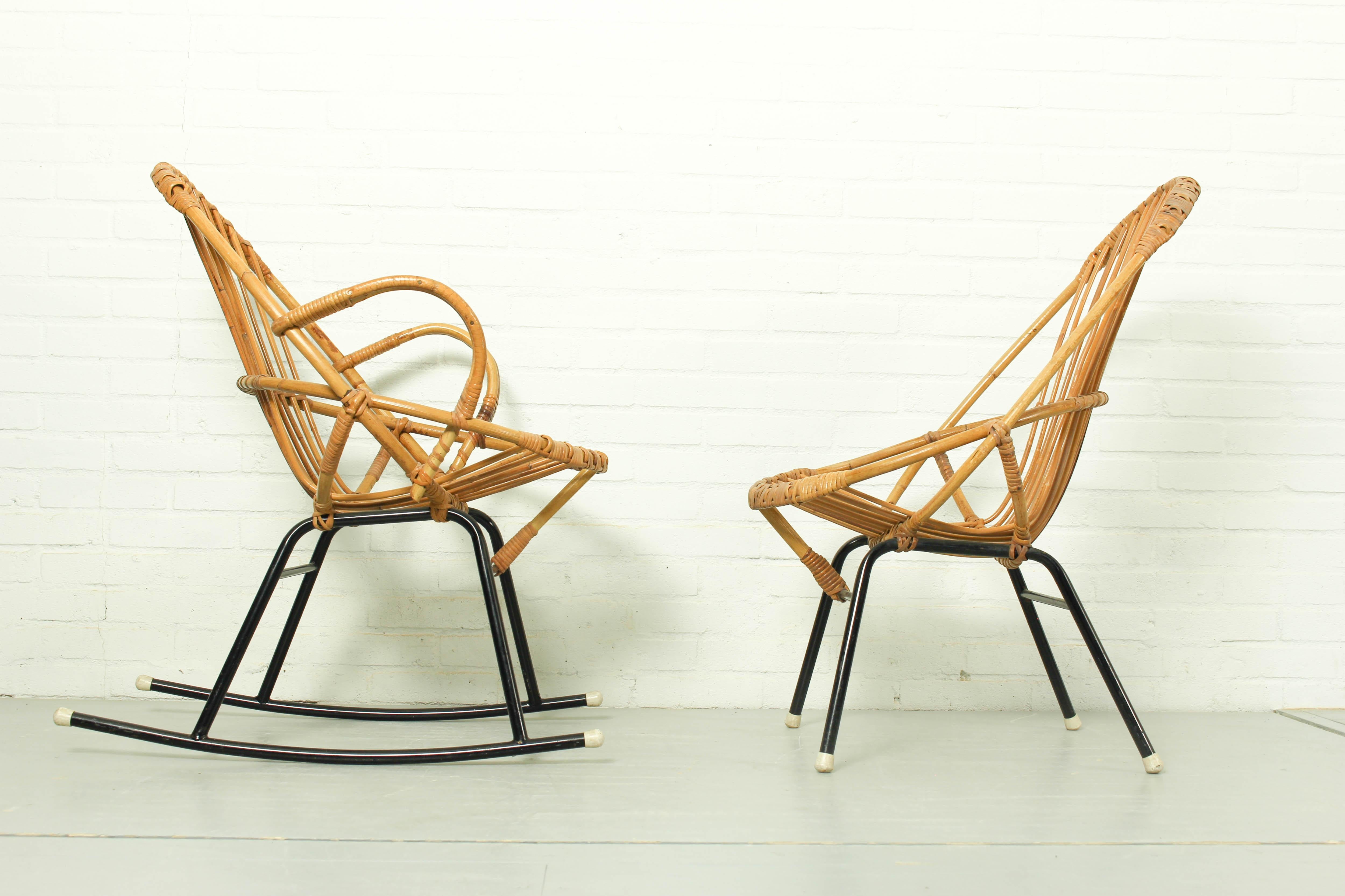 Rattan & Metal Lounge Sofa, Chair and Rocking Chair Rohé Noordwolde, 1960s 3