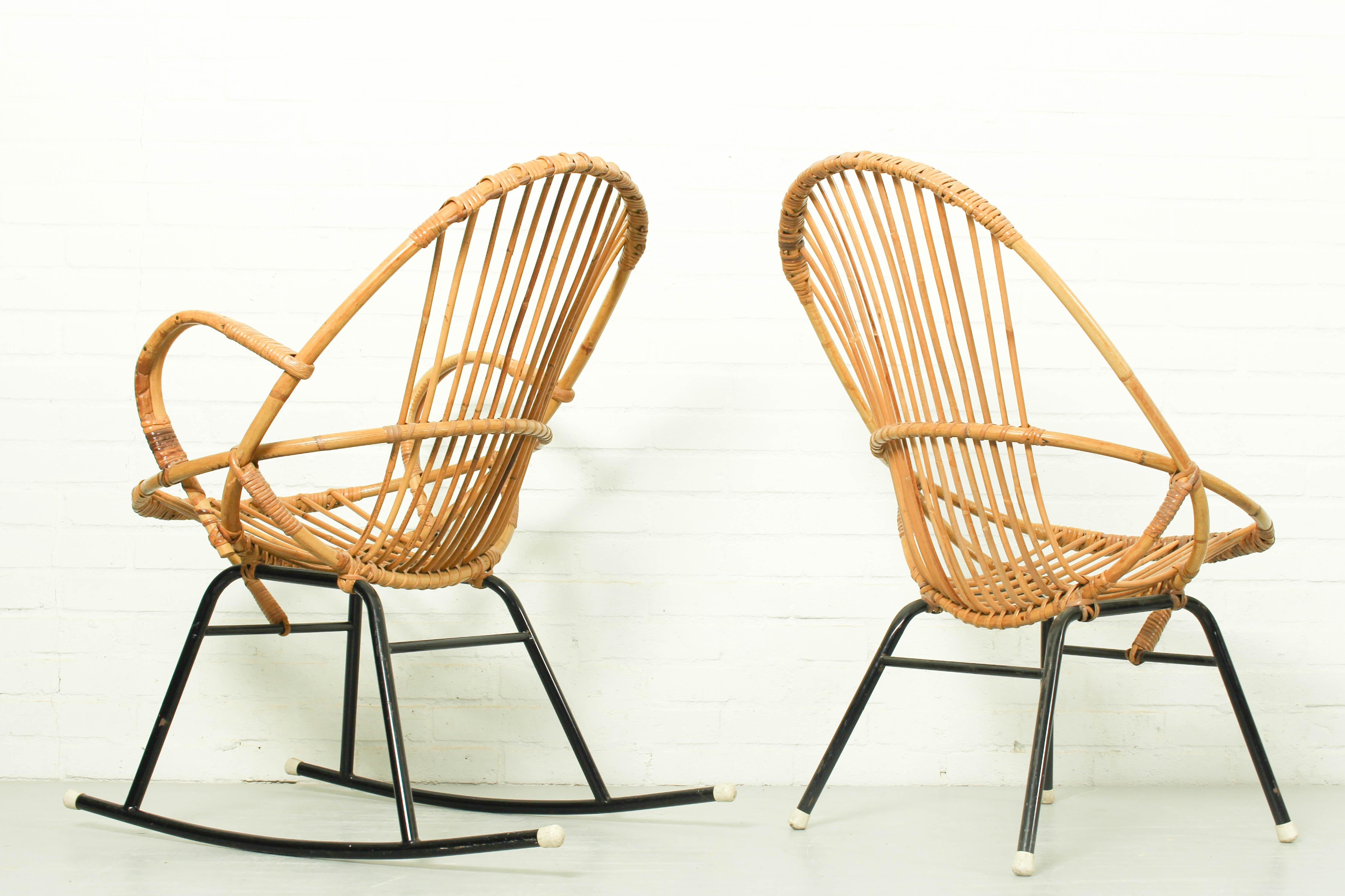 Rattan & Metal Lounge Sofa, Chair and Rocking Chair Rohé Noordwolde, 1960s 6