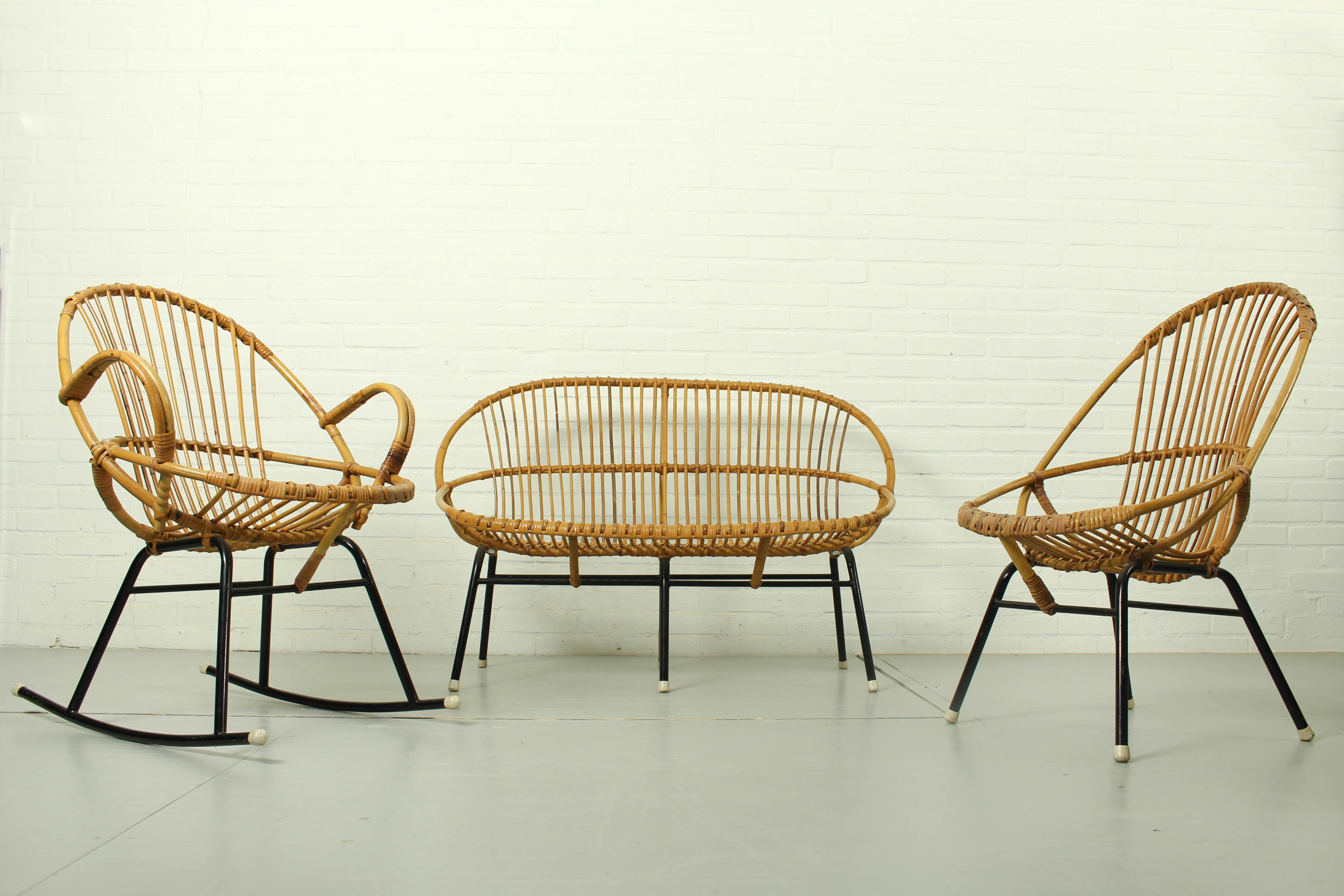 Mid-Century Modern Rattan & Metal Lounge Sofa, Chair and Rocking Chair Rohé Noordwolde, 1960s
