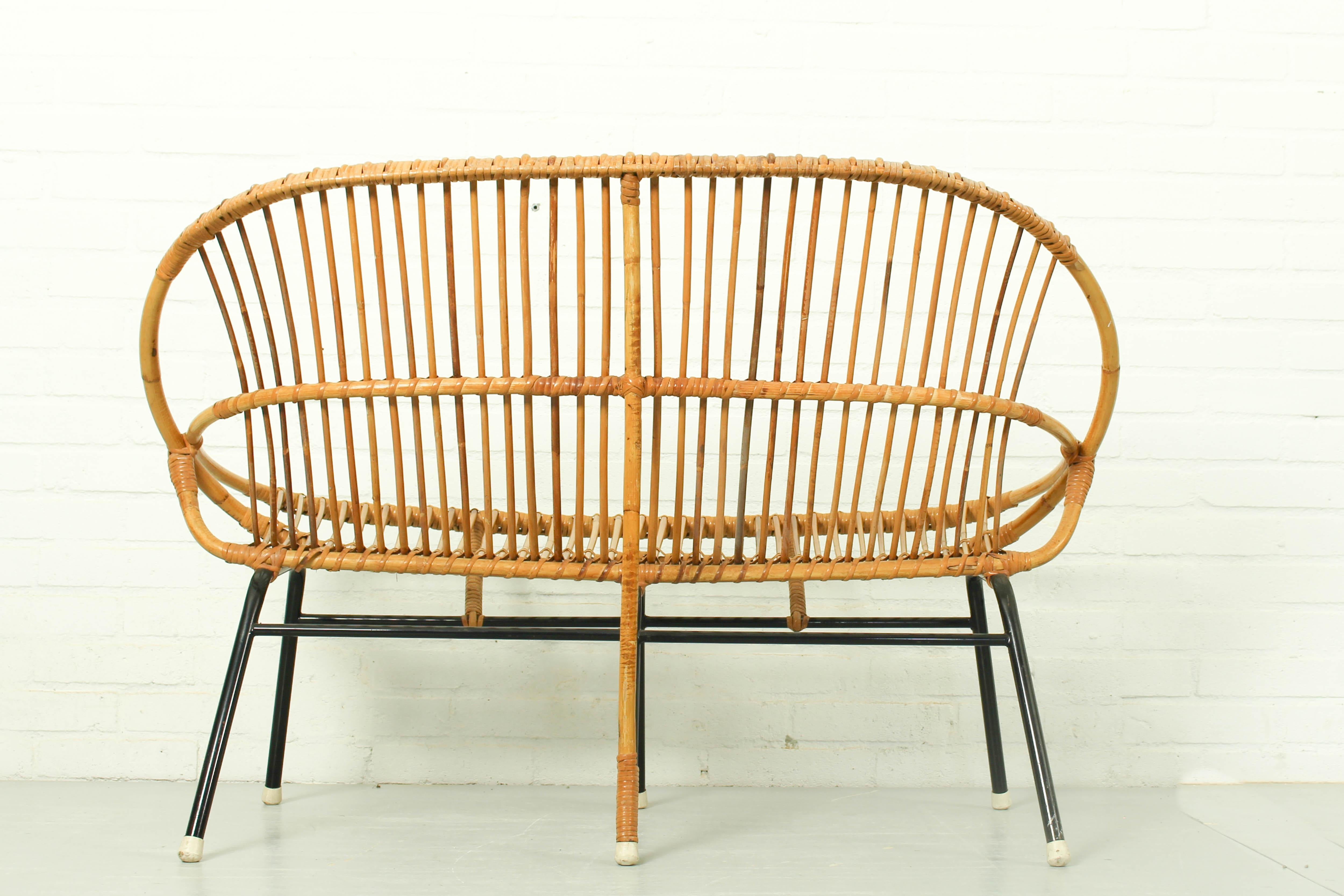 Rattan & Metal Lounge Sofa, Chair and Rocking Chair Rohé Noordwolde, 1960s 2