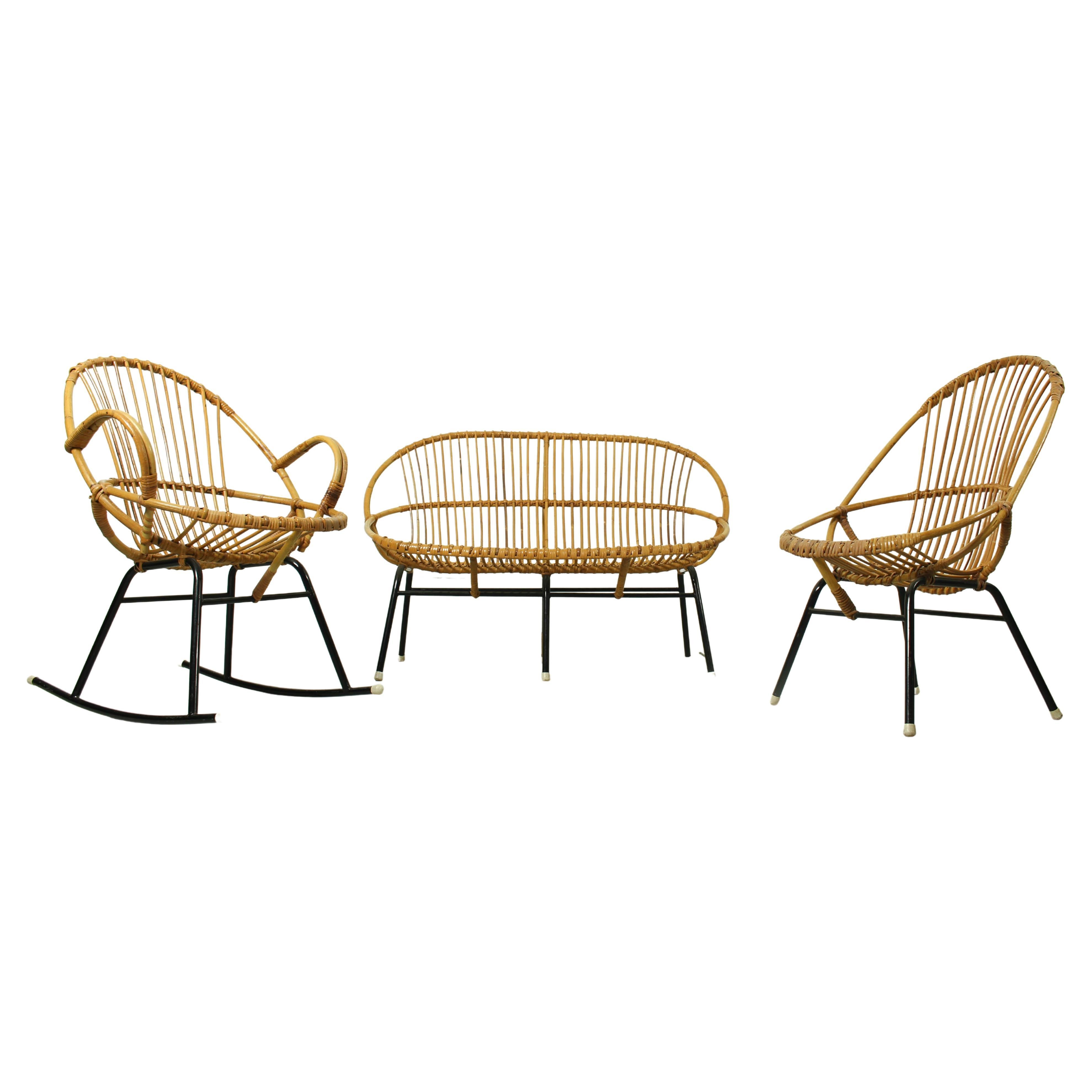 Rattan & Metal Lounge Sofa, Chair and Rocking Chair Rohé Noordwolde, 1960s